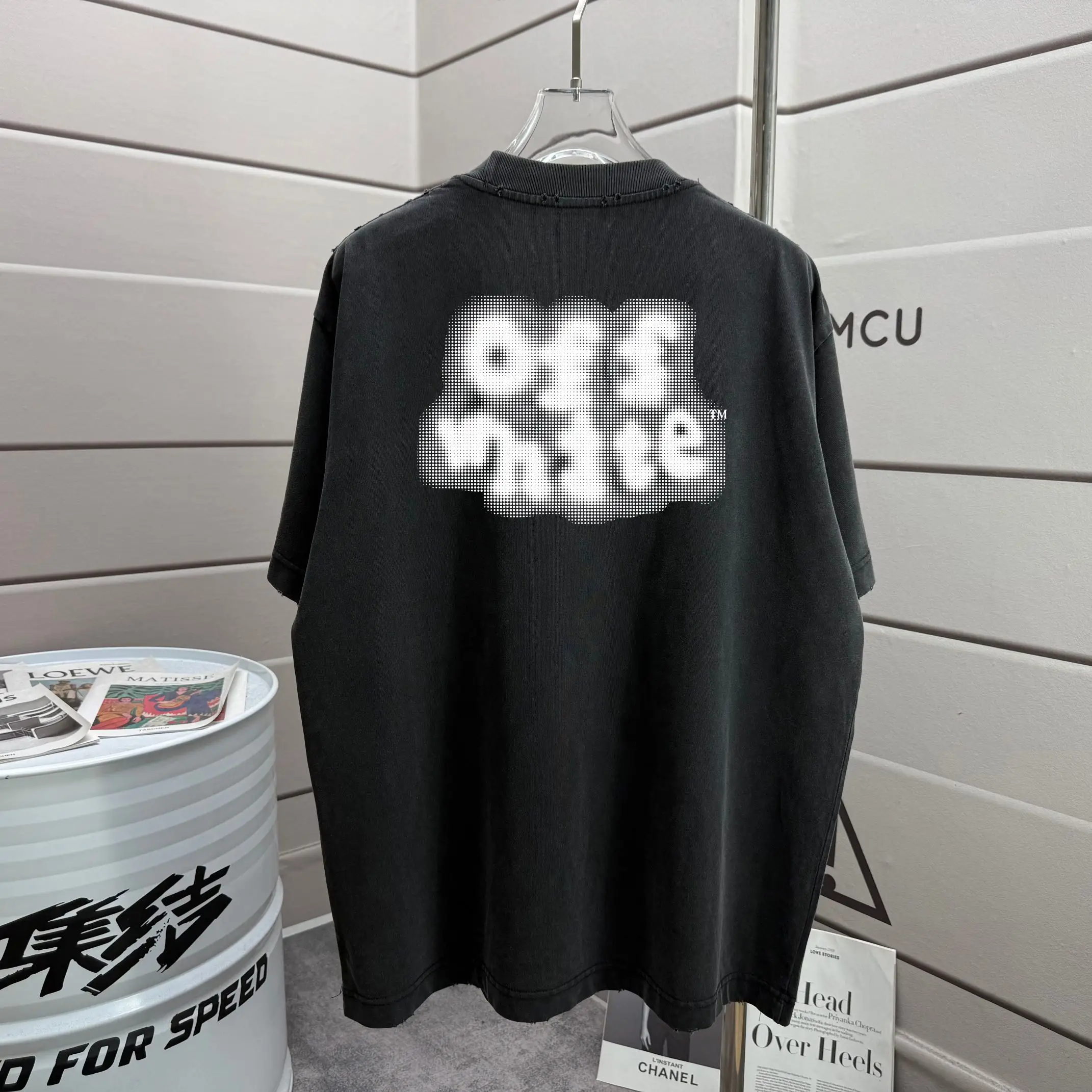 Distressed Logo Print Washed Cotton T-Shirt D14012170