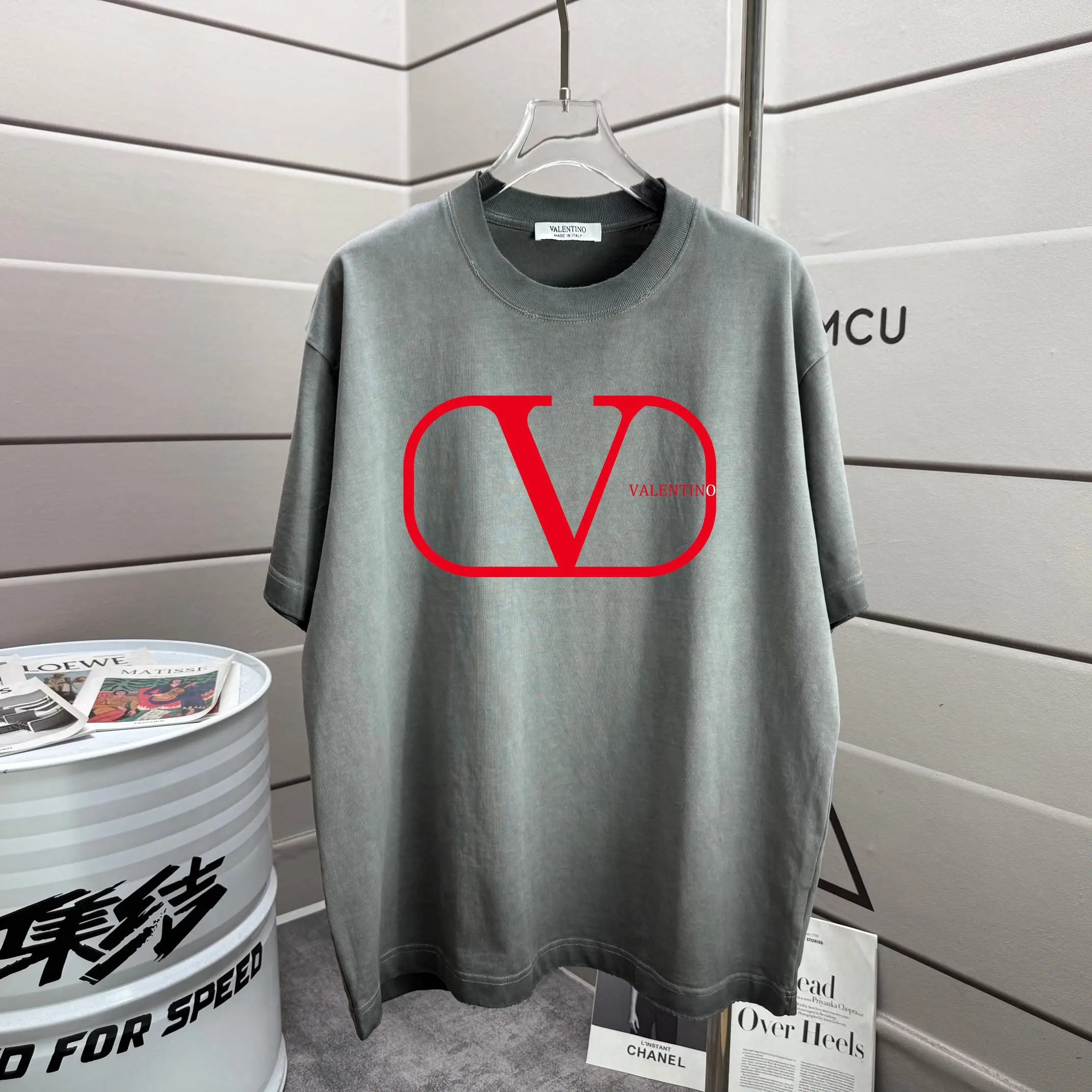 VLogo Print Washed Cotton T-Shirt D14015160