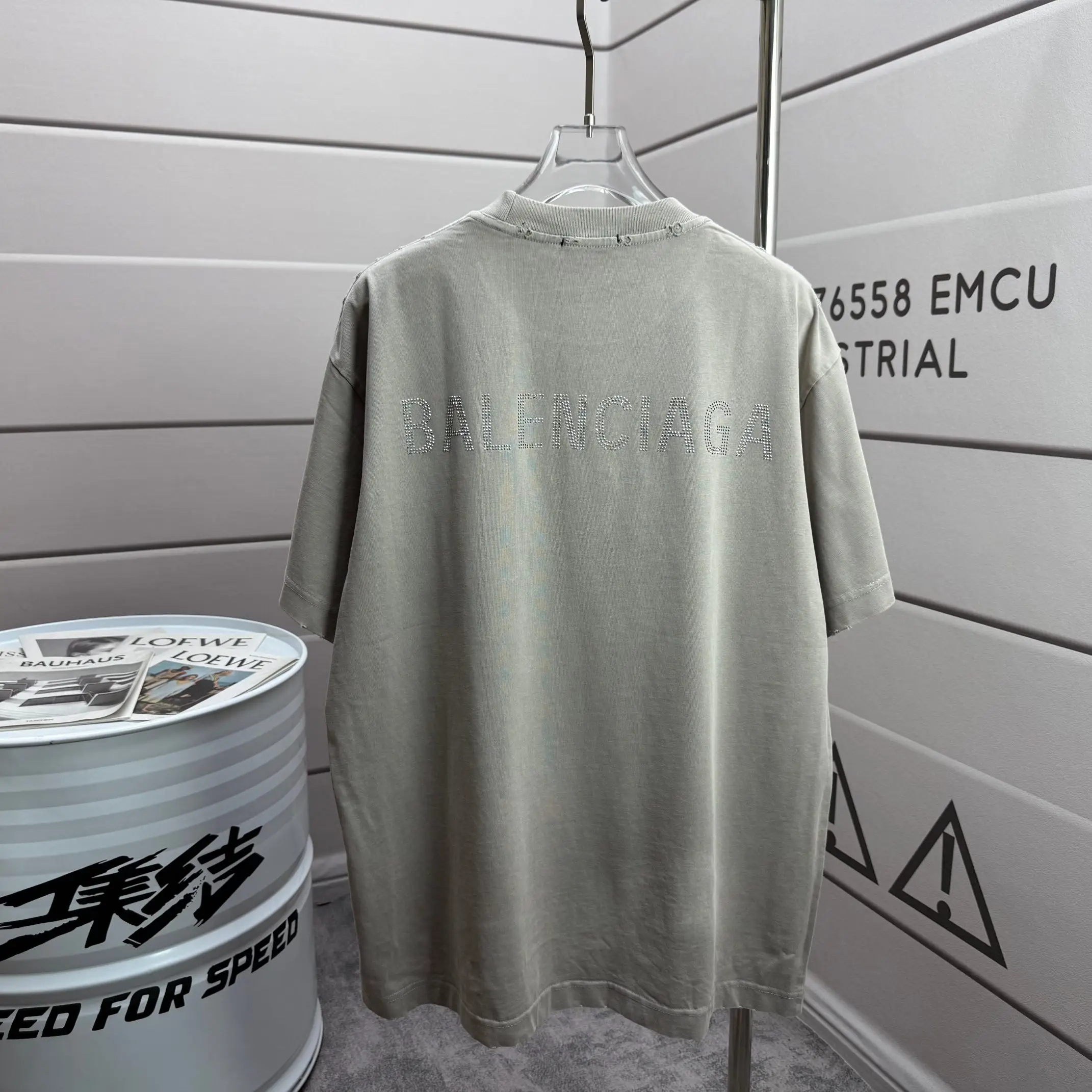 Rhinestone Logo Distressed Cotton T-Shirt D15015106