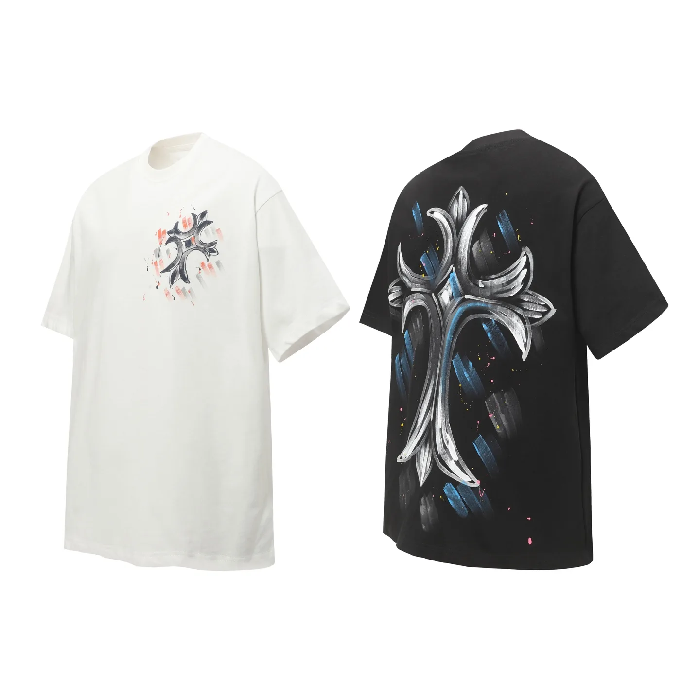 Hand-Painted Cross Print Cotton T-Shirt D10513627