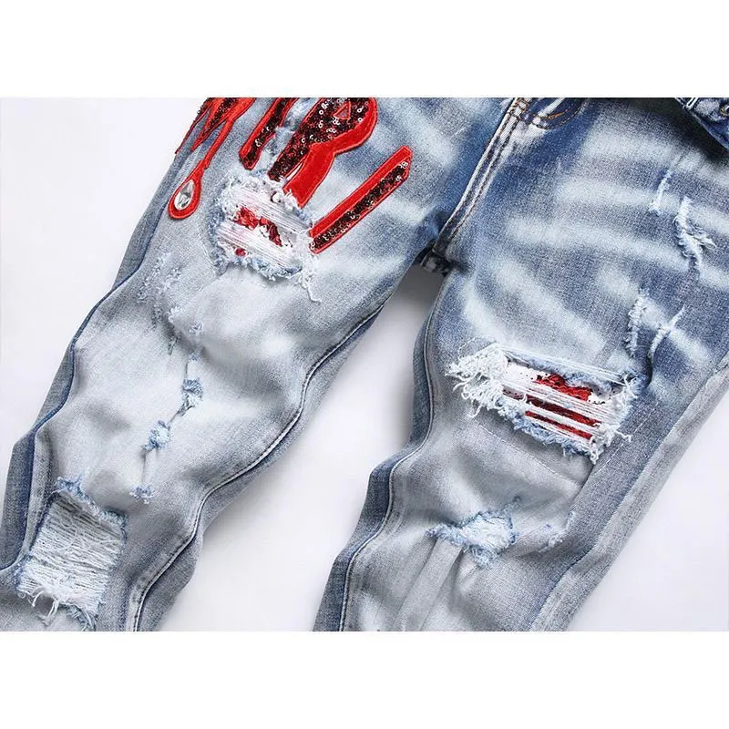 Distressed Slim-Fit Appliqué Jeans D14521826 — view 7