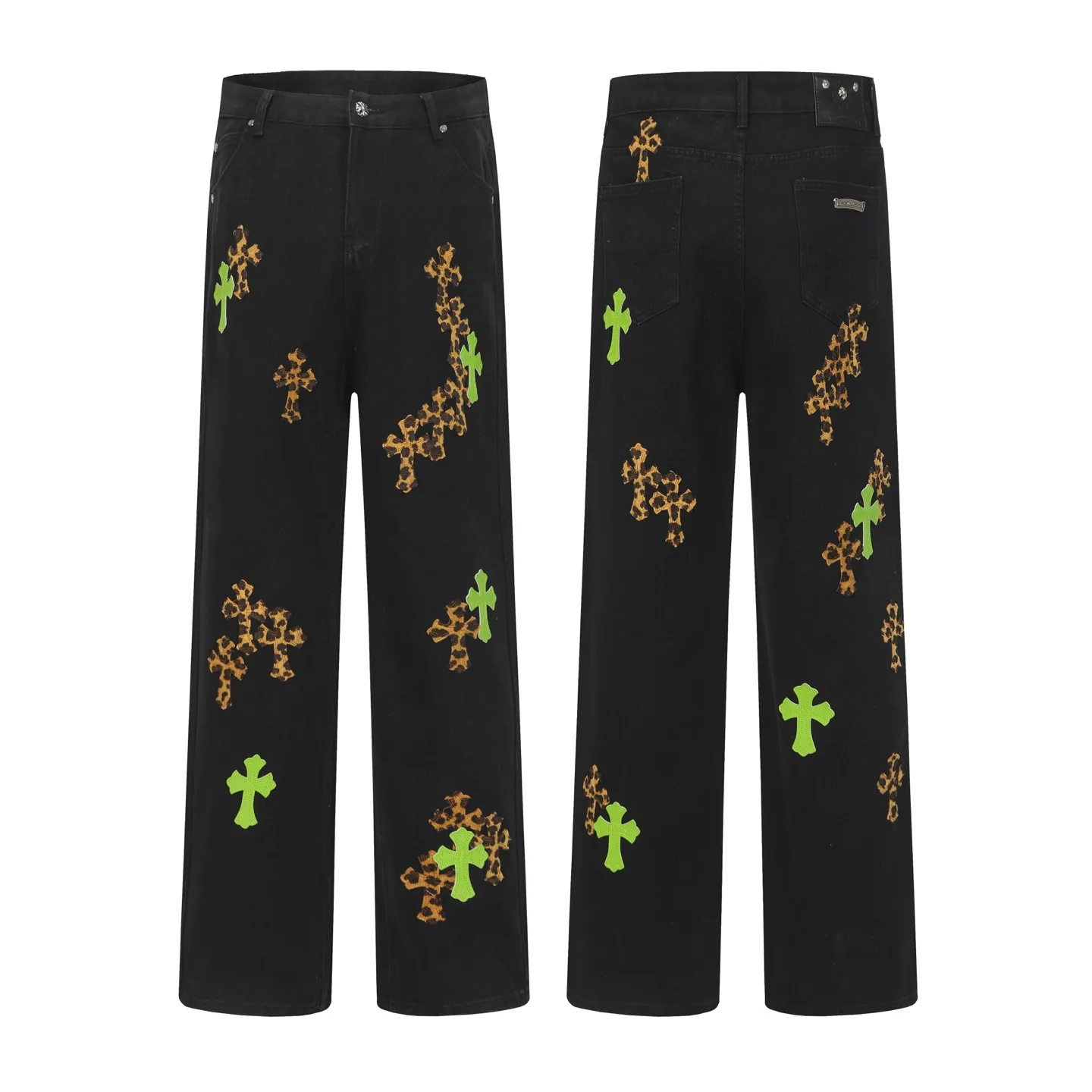 Leopard Patch Cross Straight-Leg Jeans D15513680