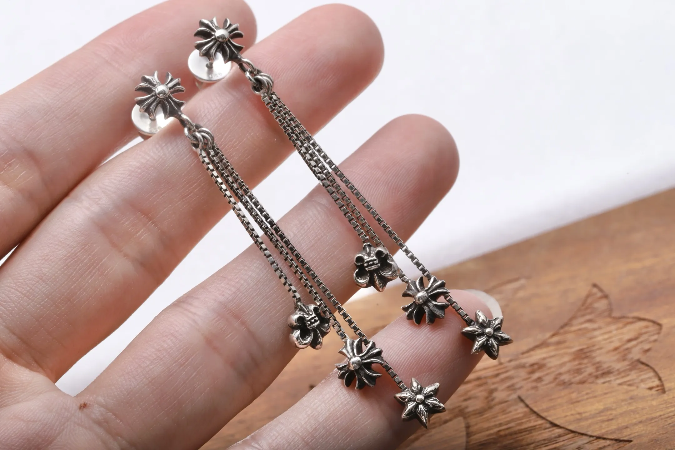 Chrome Hearts Triple Motif Drop Earrings (Sterling Silver) D35016534 — view 4
