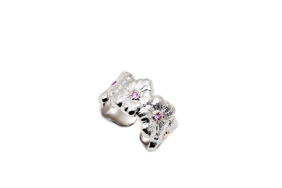 Gardenia Floral Band Ring with Pink Stones D39016855 — view 2