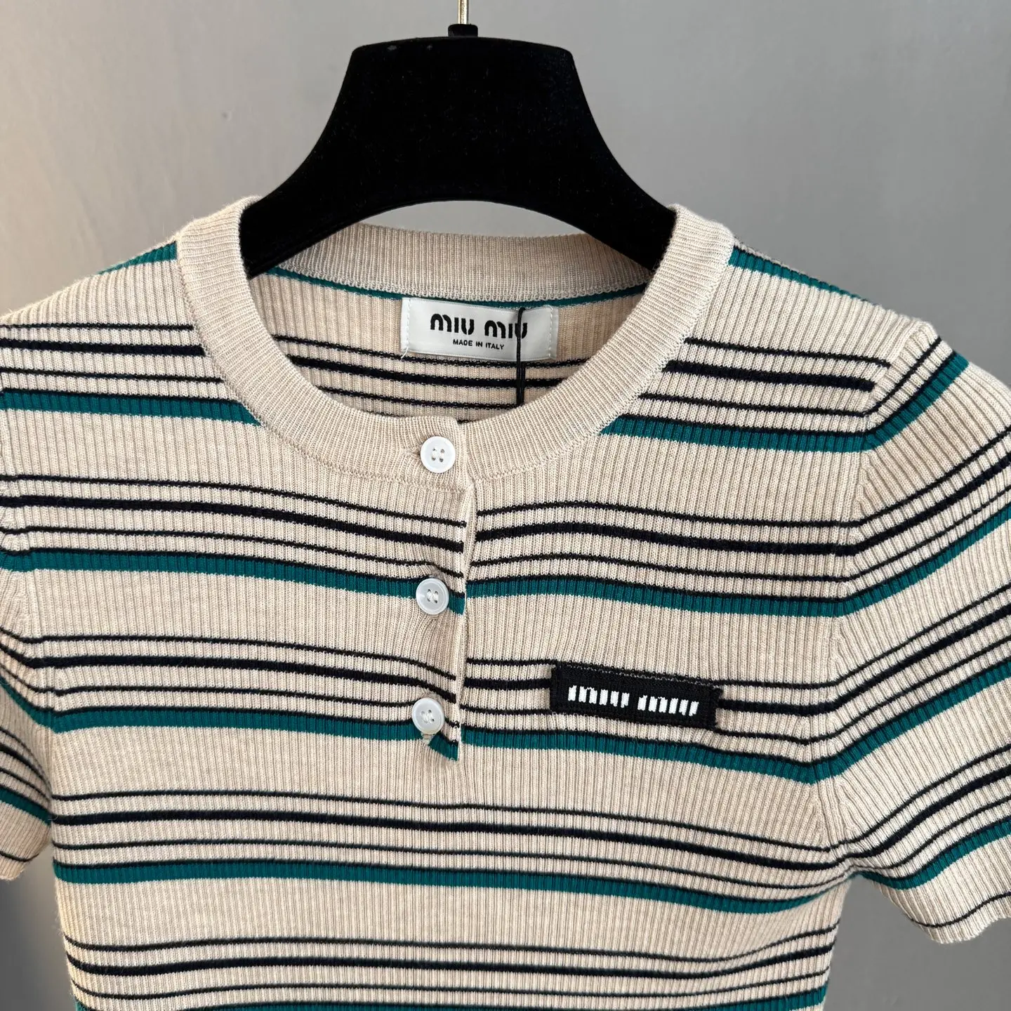 Striped Ribbed-Knit Henley Top D23522755 — view 3