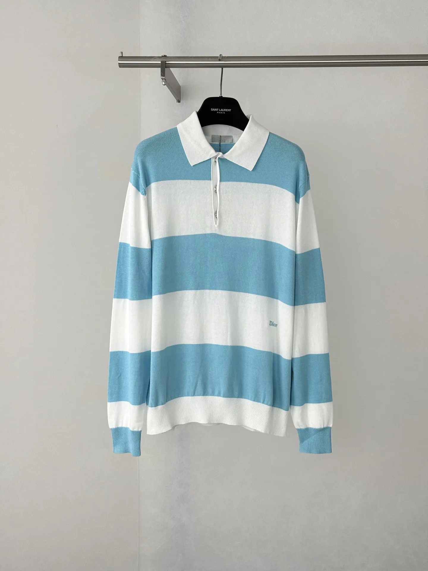 Striped Knit Long-Sleeve Polo Shirt D25523449