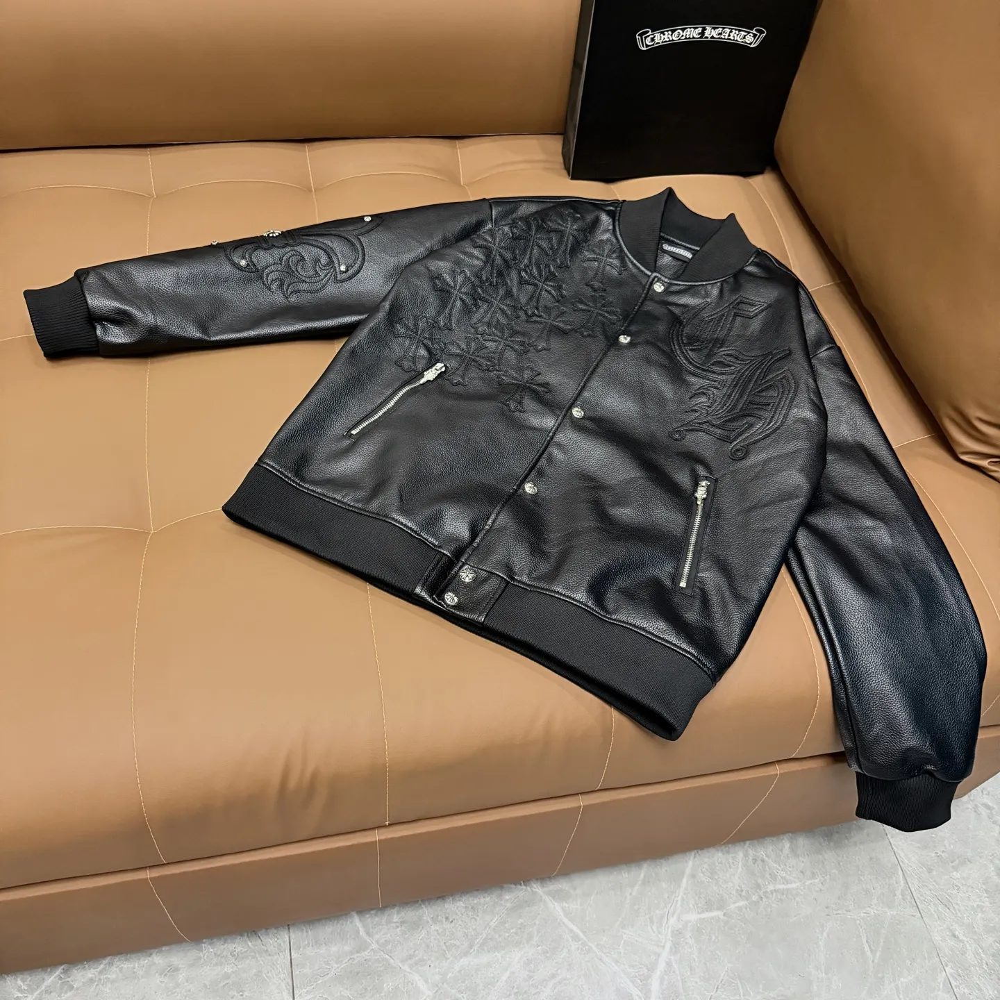 Embroidered Lambskin Leather Bomber Jacket D27021356