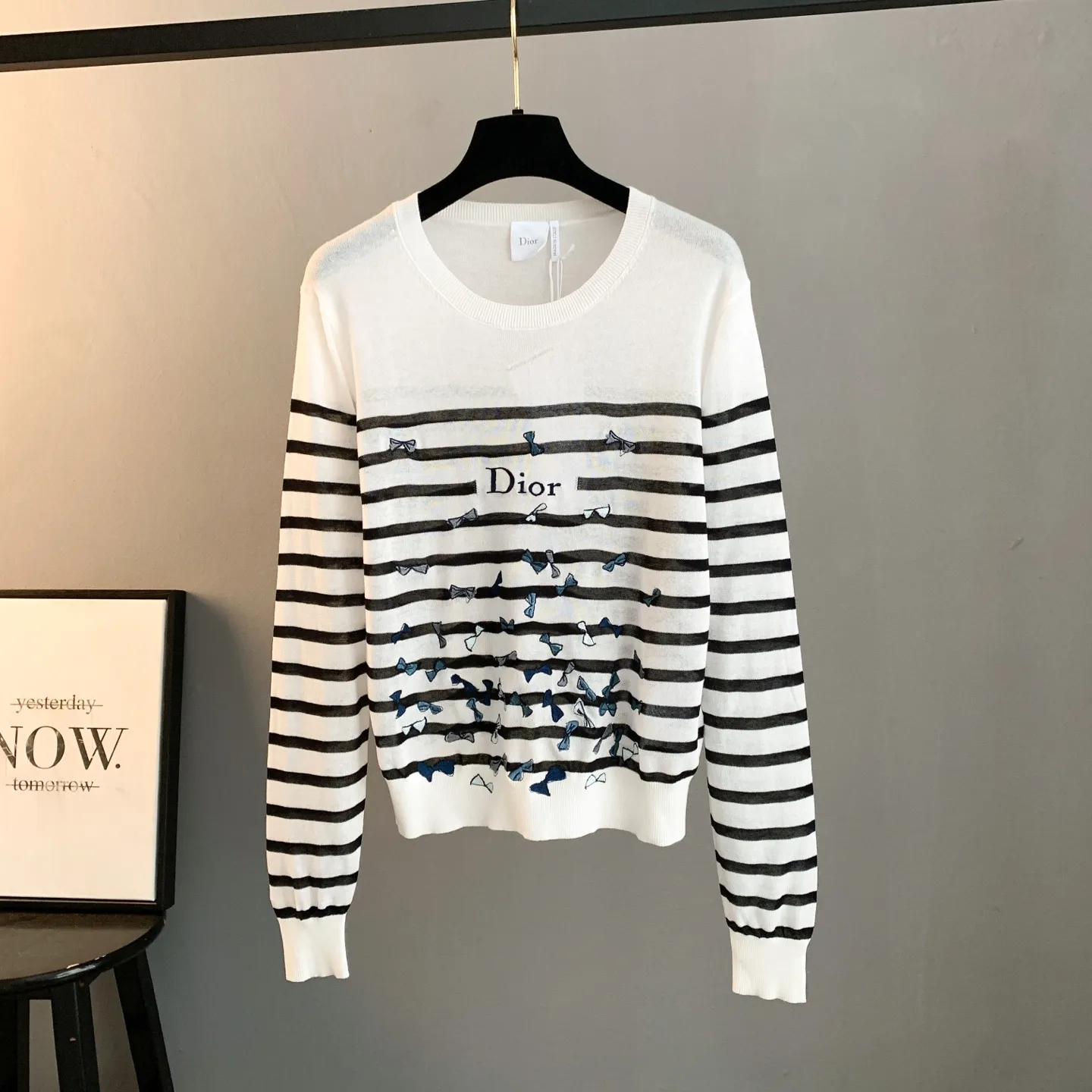 Striped Knit Sweater with Butterfly Embroidery D27022769