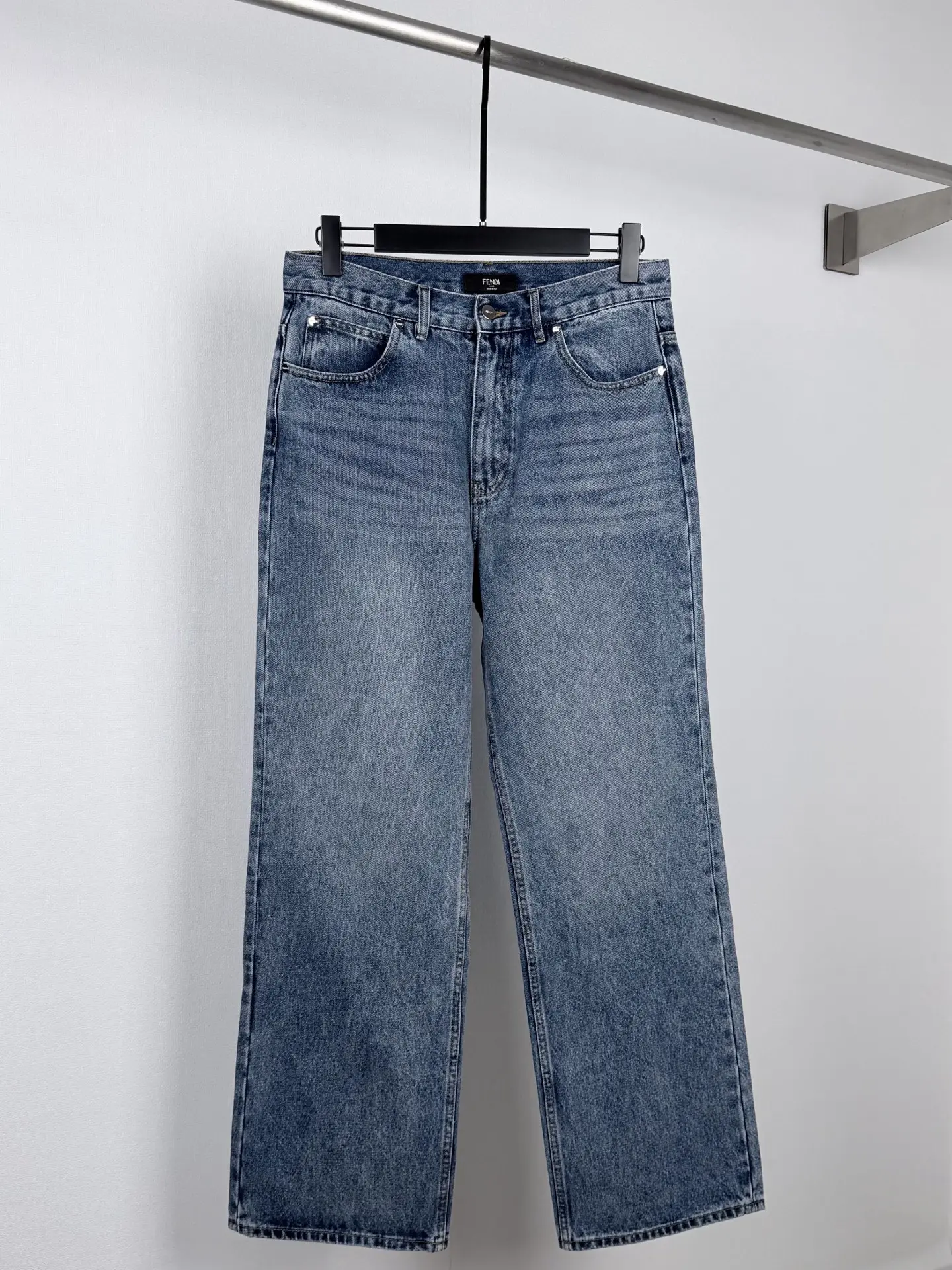 Straight-Leg Washed Denim Jeans with Leather Logo Patch D28520102