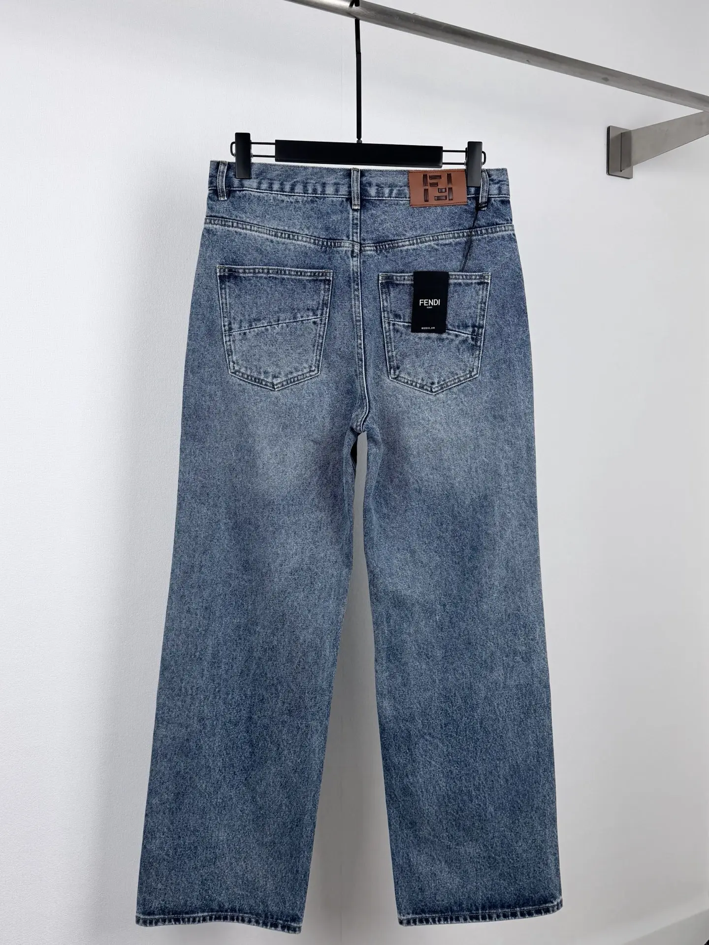 Straight-Leg Washed Denim Jeans with Leather Logo Patch D28520102 — view 3