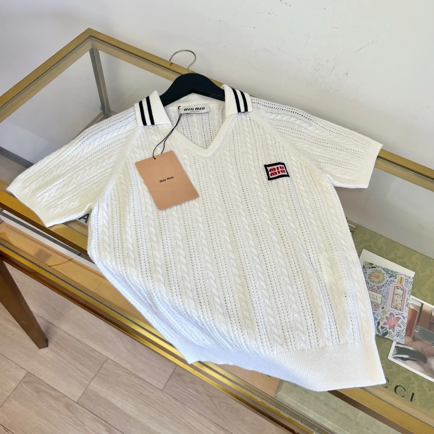 Logo-Patch Cable-Knit Cashmere Polo Shirt D28522751 — view 3