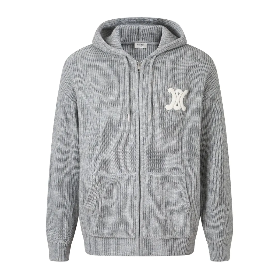 Triomphe Logo Merino Wool Zip-Up Knit Hoodie D30521912