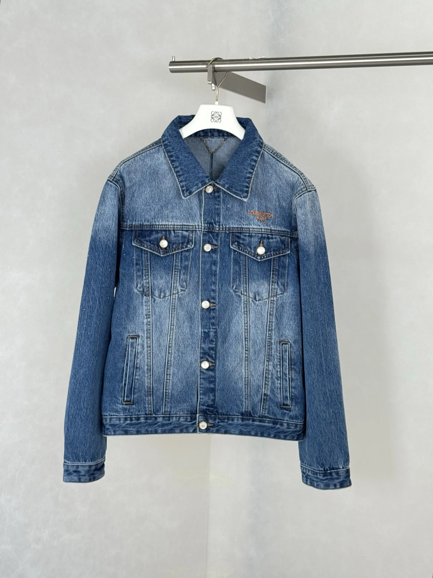 Embellished Washed Denim Jacket with Pearl Buttons D32519929