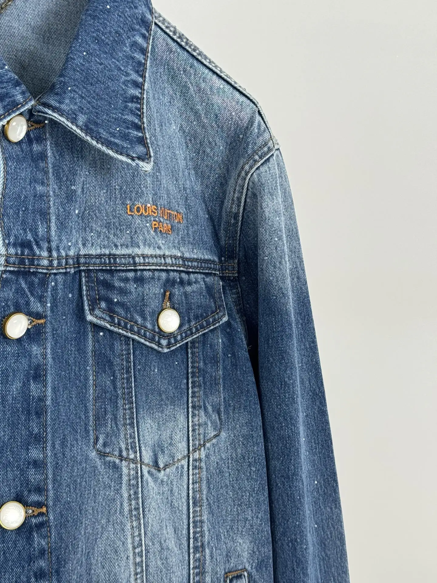Embellished Washed Denim Jacket with Pearl Buttons D32519929 — view 3