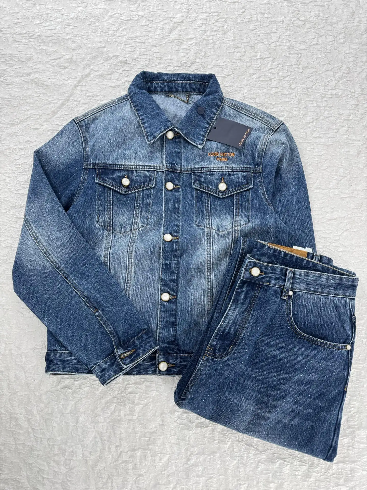 Embellished Washed Denim Jacket with Pearl Buttons D32519929 — view 5
