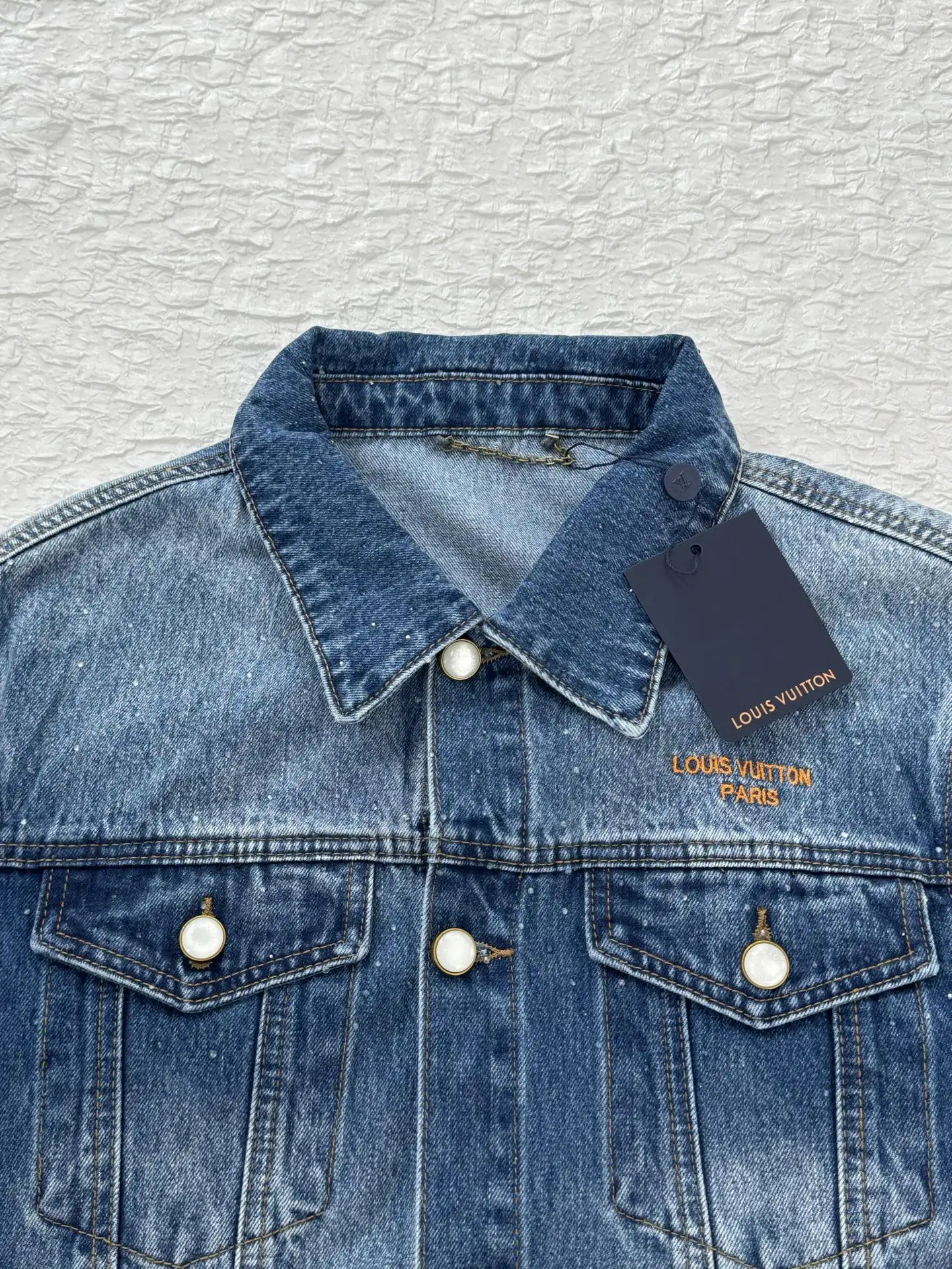 Embellished Washed Denim Jacket with Pearl Buttons D32519929 — view 7
