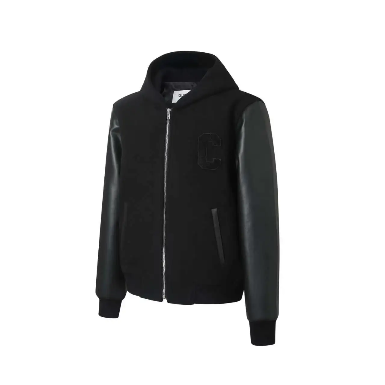Leather-Sleeve Wool-Blend Hooded Varsity Jacket D37019916 — view 2