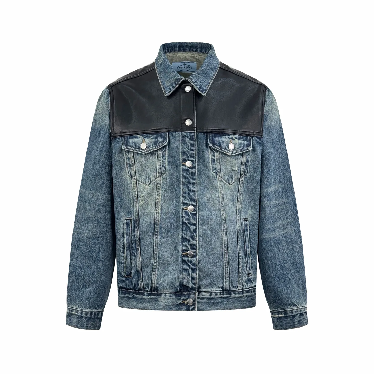 Leather-Trimmed Washed Denim Jacket D39521921