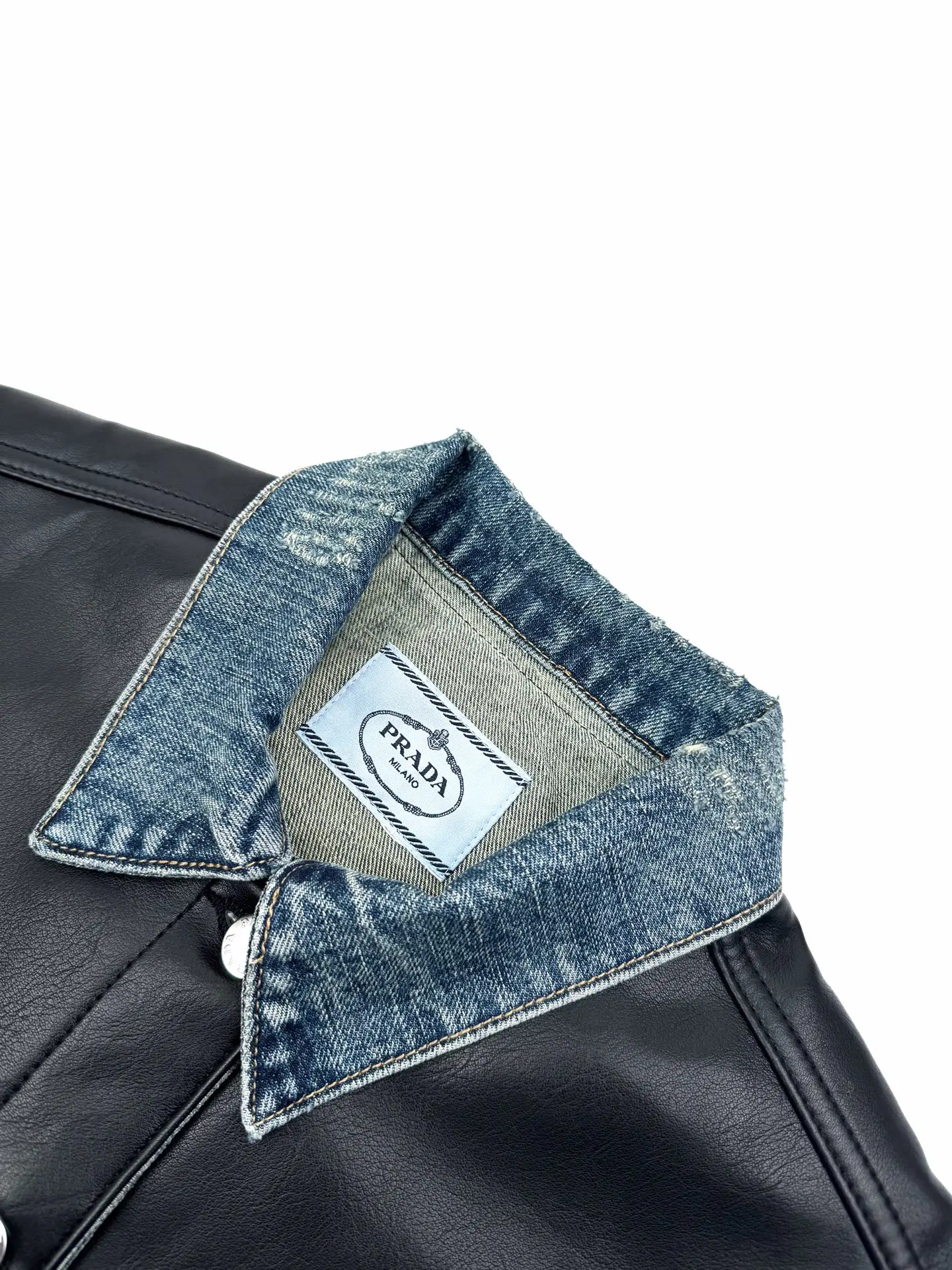 Leather-Trimmed Washed Denim Jacket D39521921 — view 3
