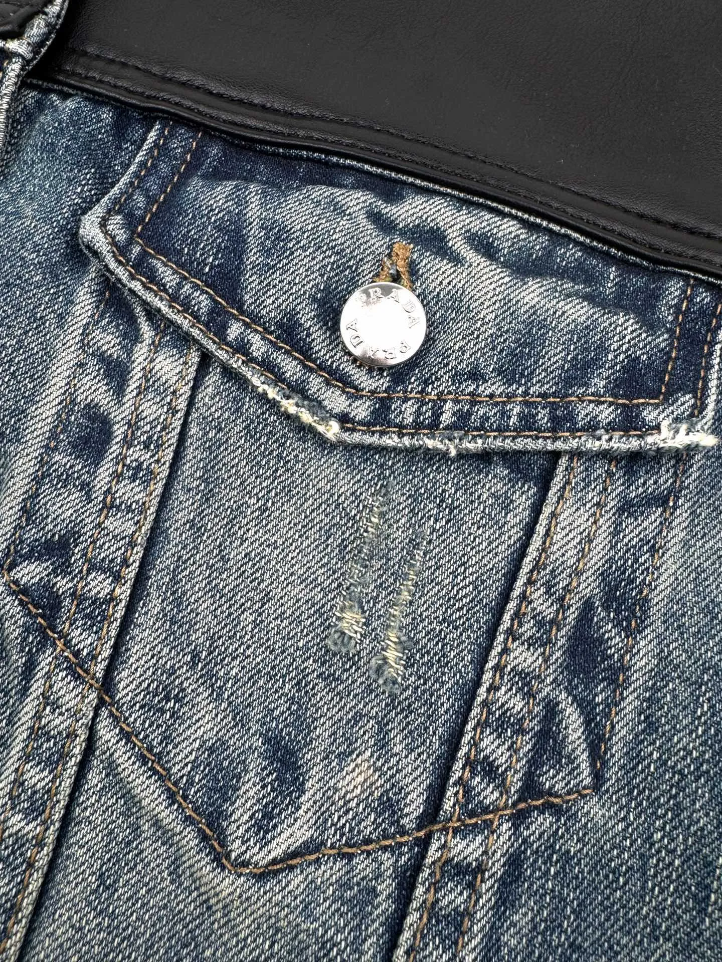 Leather-Trimmed Washed Denim Jacket D39521921 — view 5