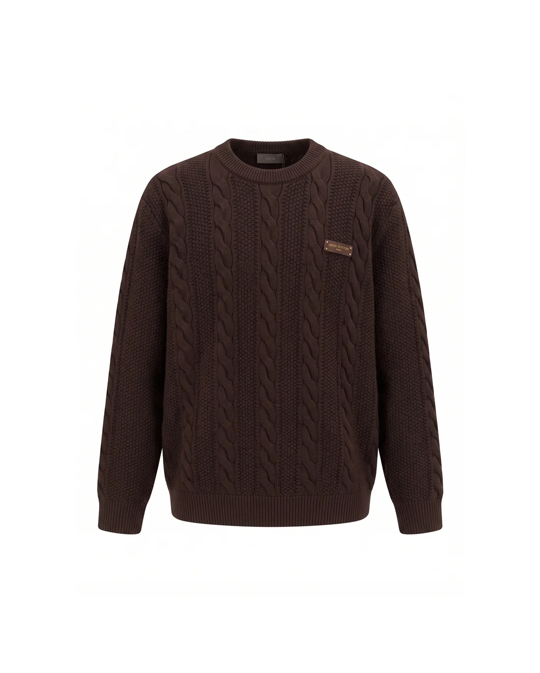 Cable-Knit Crew-Neck Sweater with Leather Logo Patch D23022153
