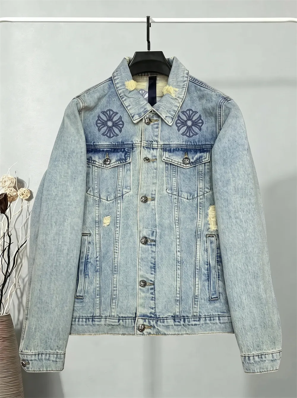 Embroidered Distressed Denim Jacket D25022164