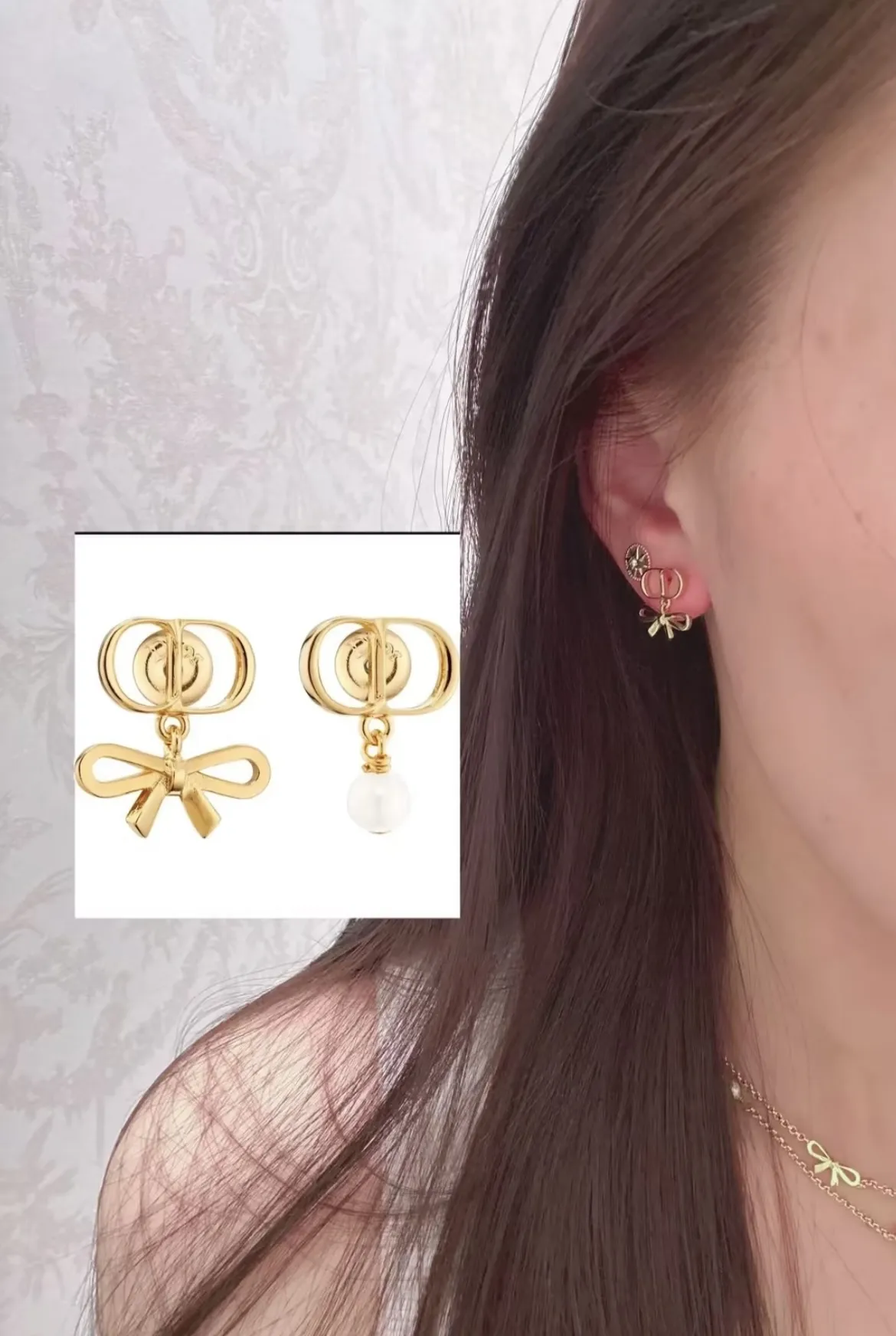 Asymmetric CD Logo Bow and Pearl Earrings D11516580 — view 9