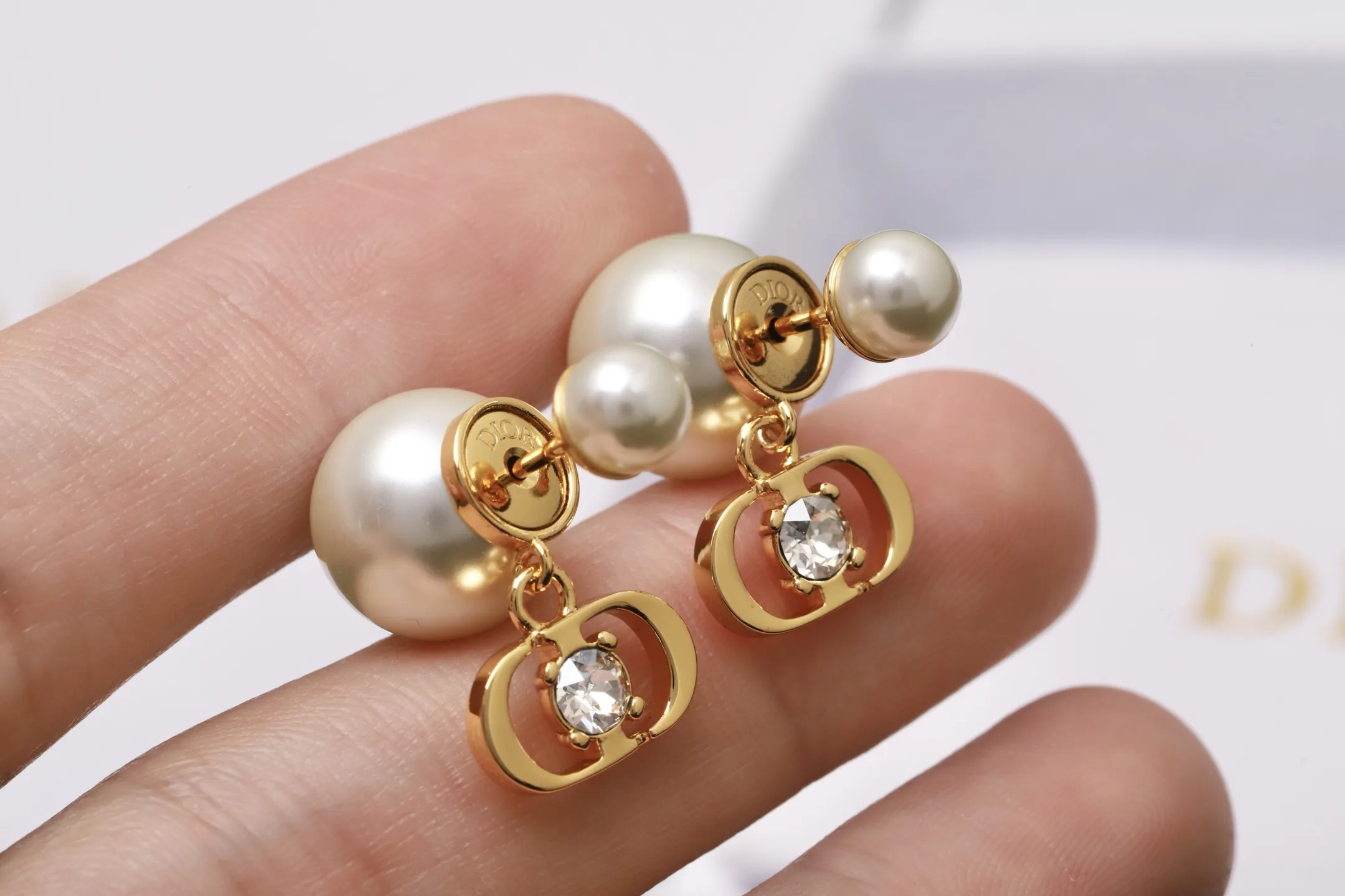 CD Navy Resin Pearl and Crystal Earrings D14017480 — view 4