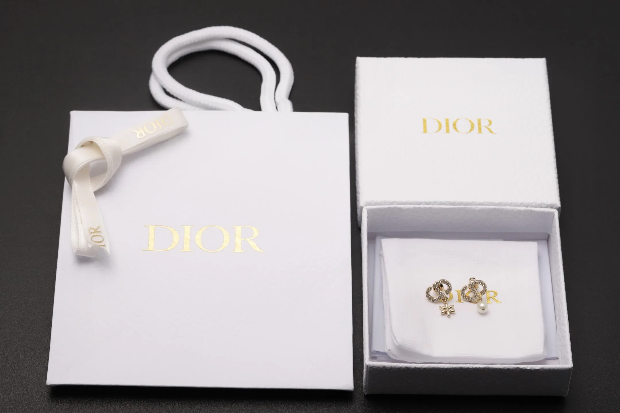 CD Logo Crystal and Pearl Drop Earrings D13517246 — view 2