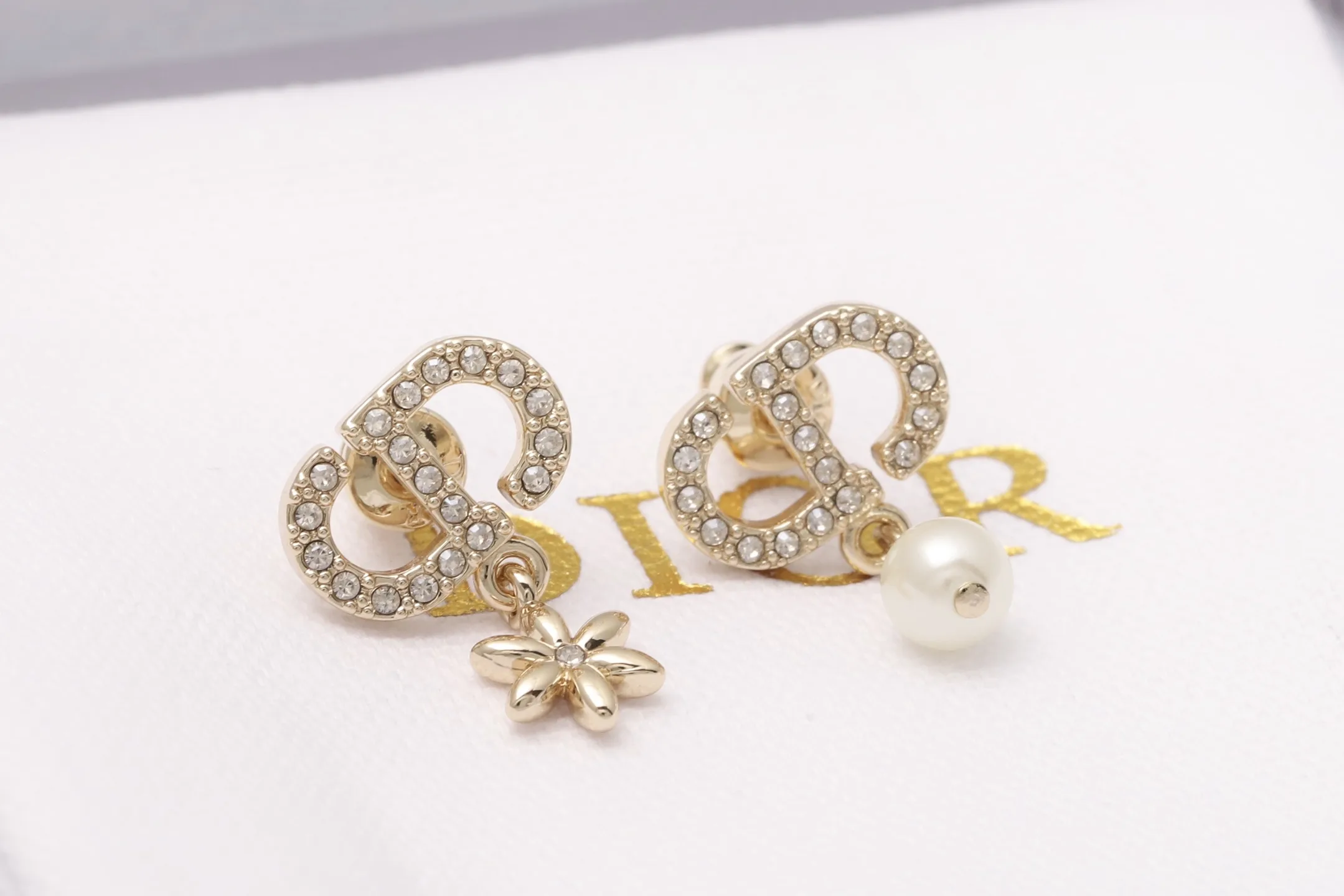 CD Logo Crystal and Pearl Drop Earrings D13517246 — view 3