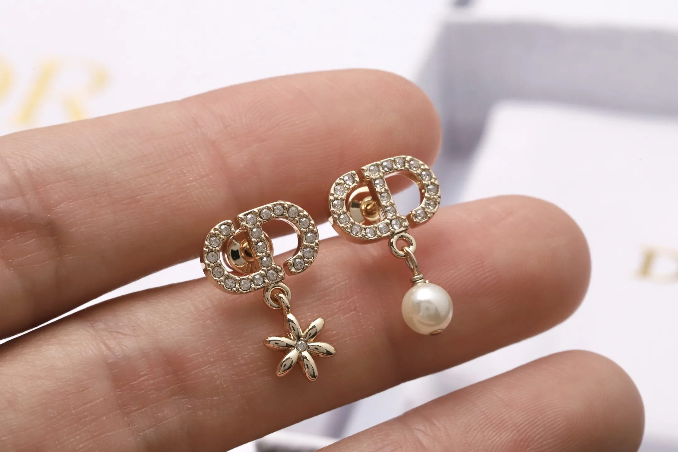 CD Logo Crystal and Pearl Drop Earrings D13517246 — view 5