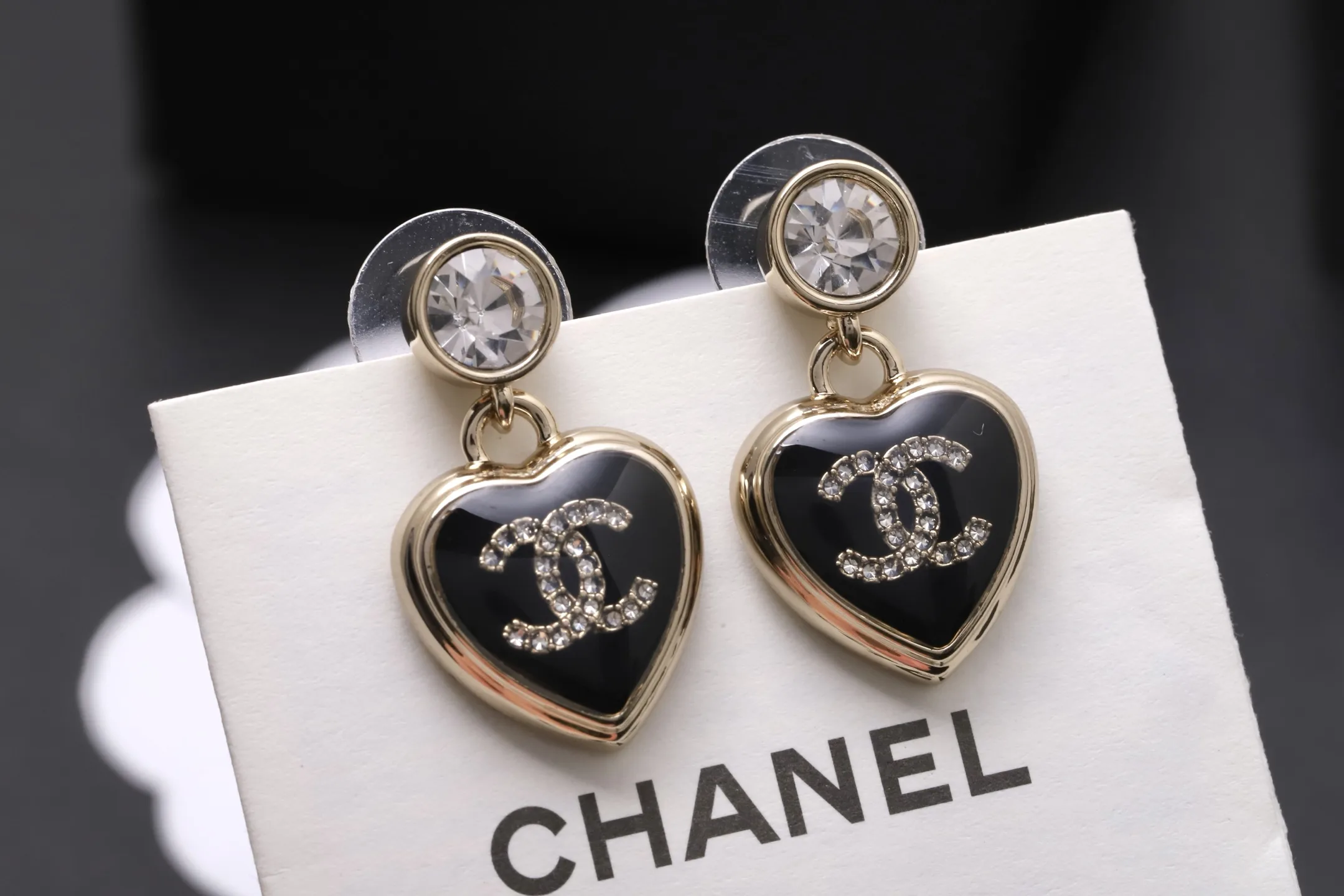Heart Obsidian Drop Earrings with CC Logo D12517371 — view 3