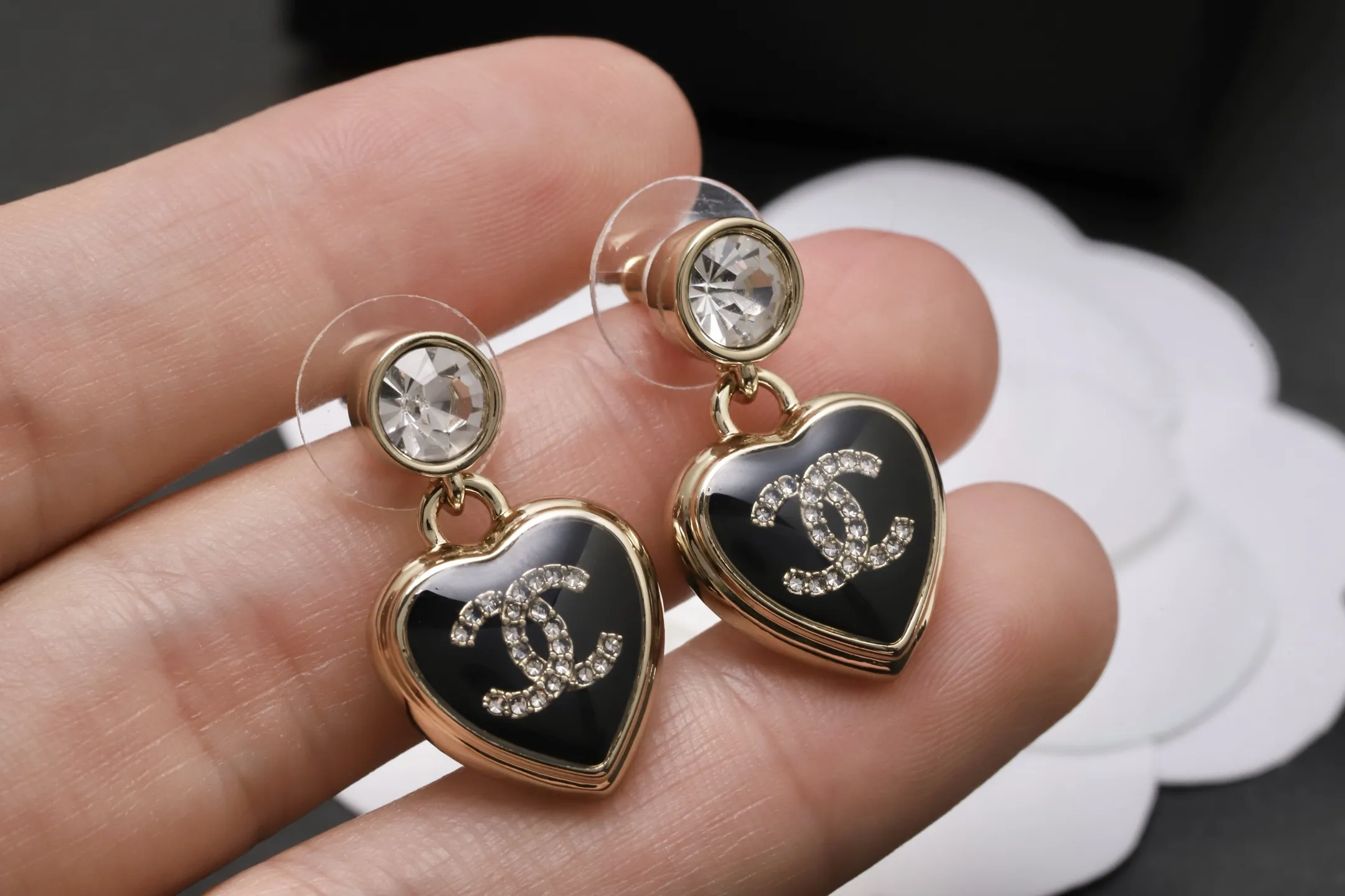 Heart Obsidian Drop Earrings with CC Logo D12517371 — view 4