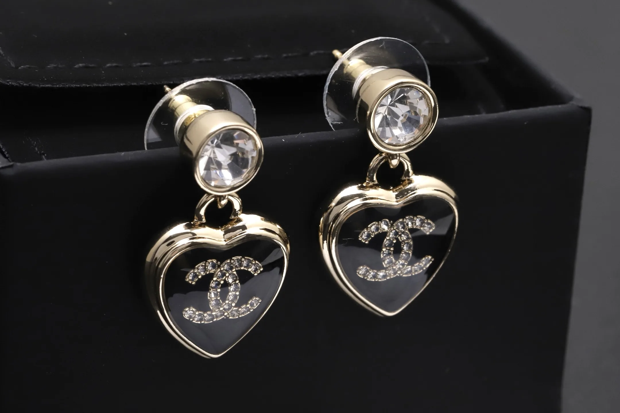 Heart Obsidian Drop Earrings with CC Logo D12517371 — view 7