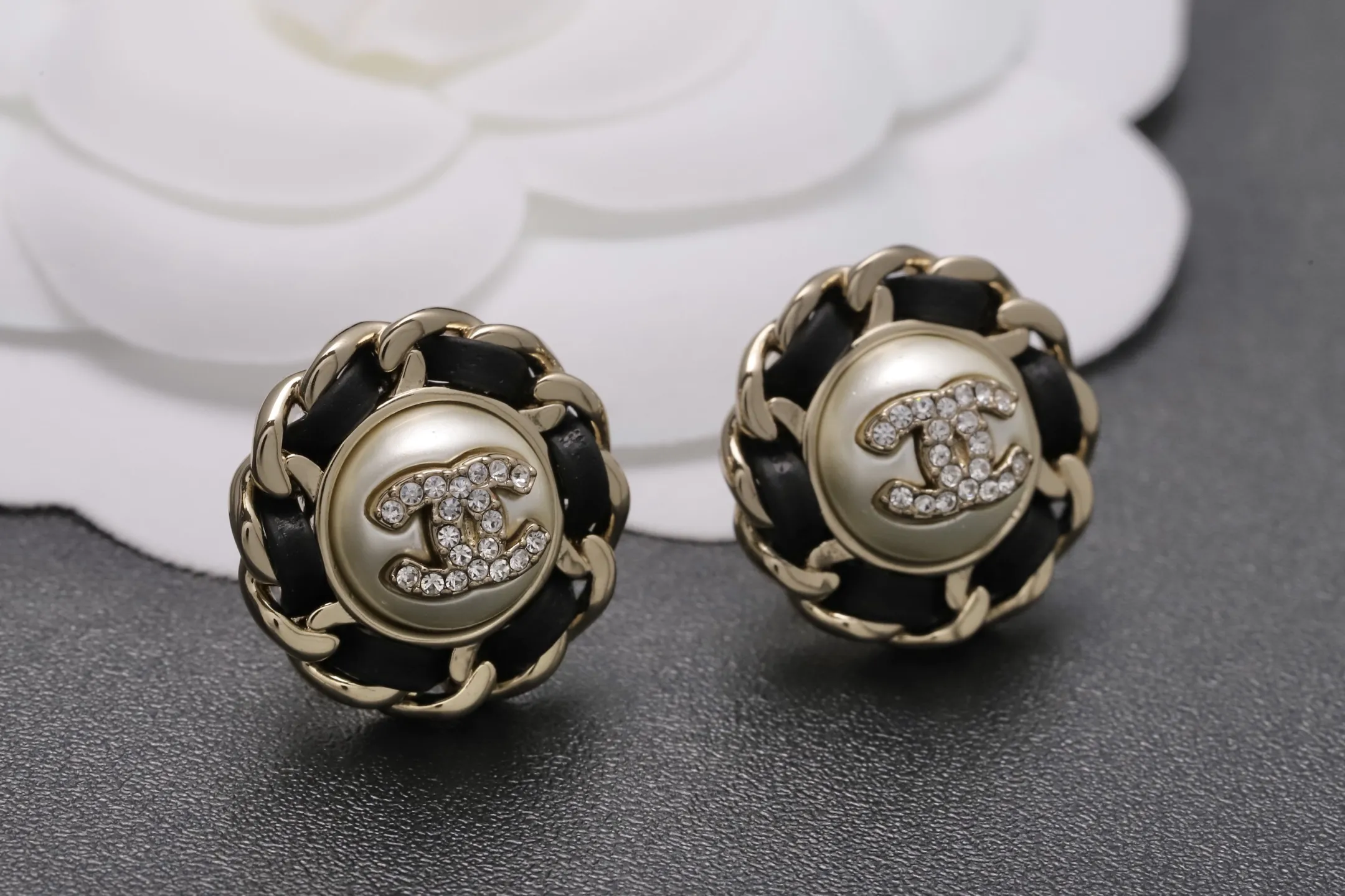 Interwoven Leather and Pearl CC Stud Earrings D14517245 — view 3