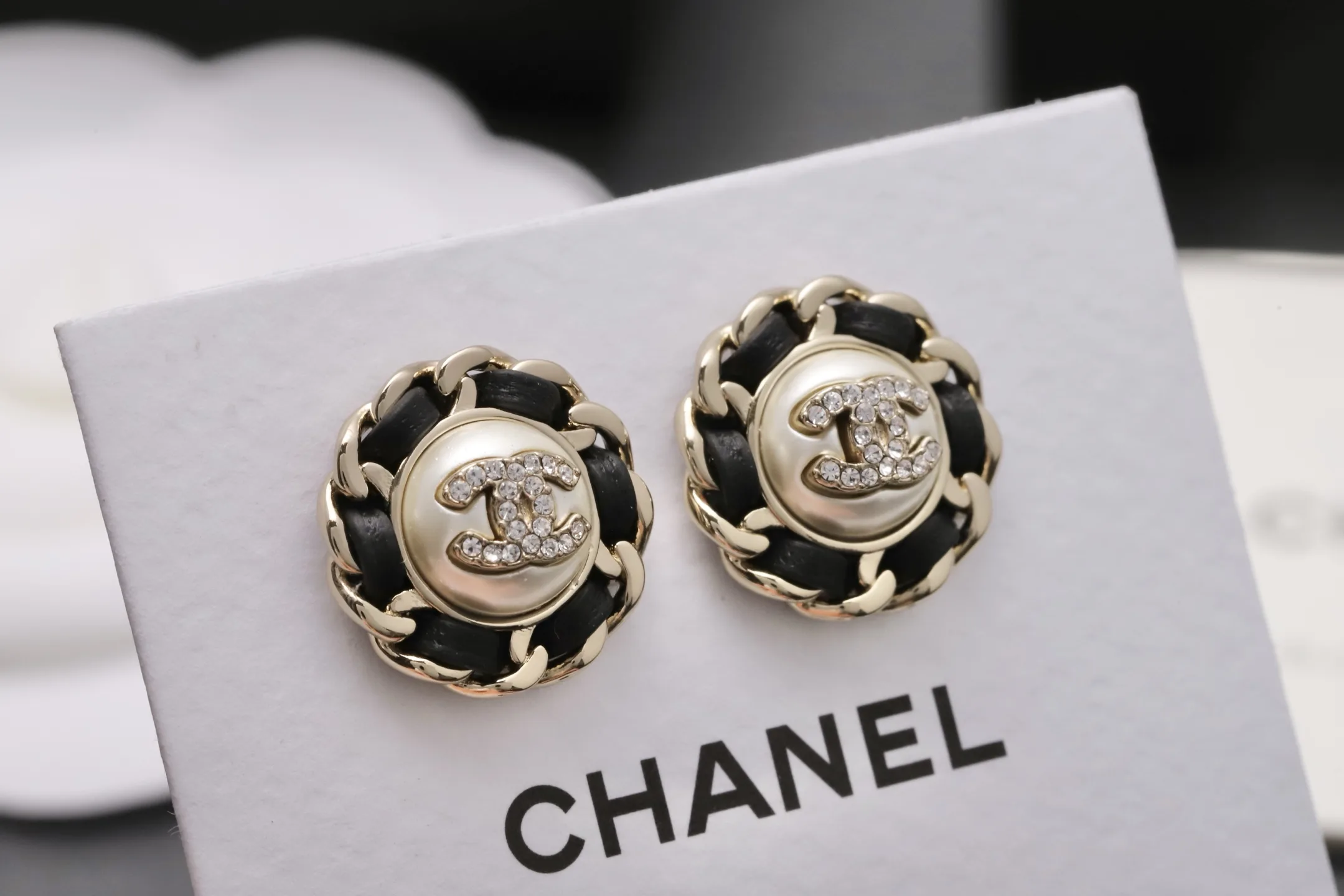Interwoven Leather and Pearl CC Stud Earrings D14517245 — view 4