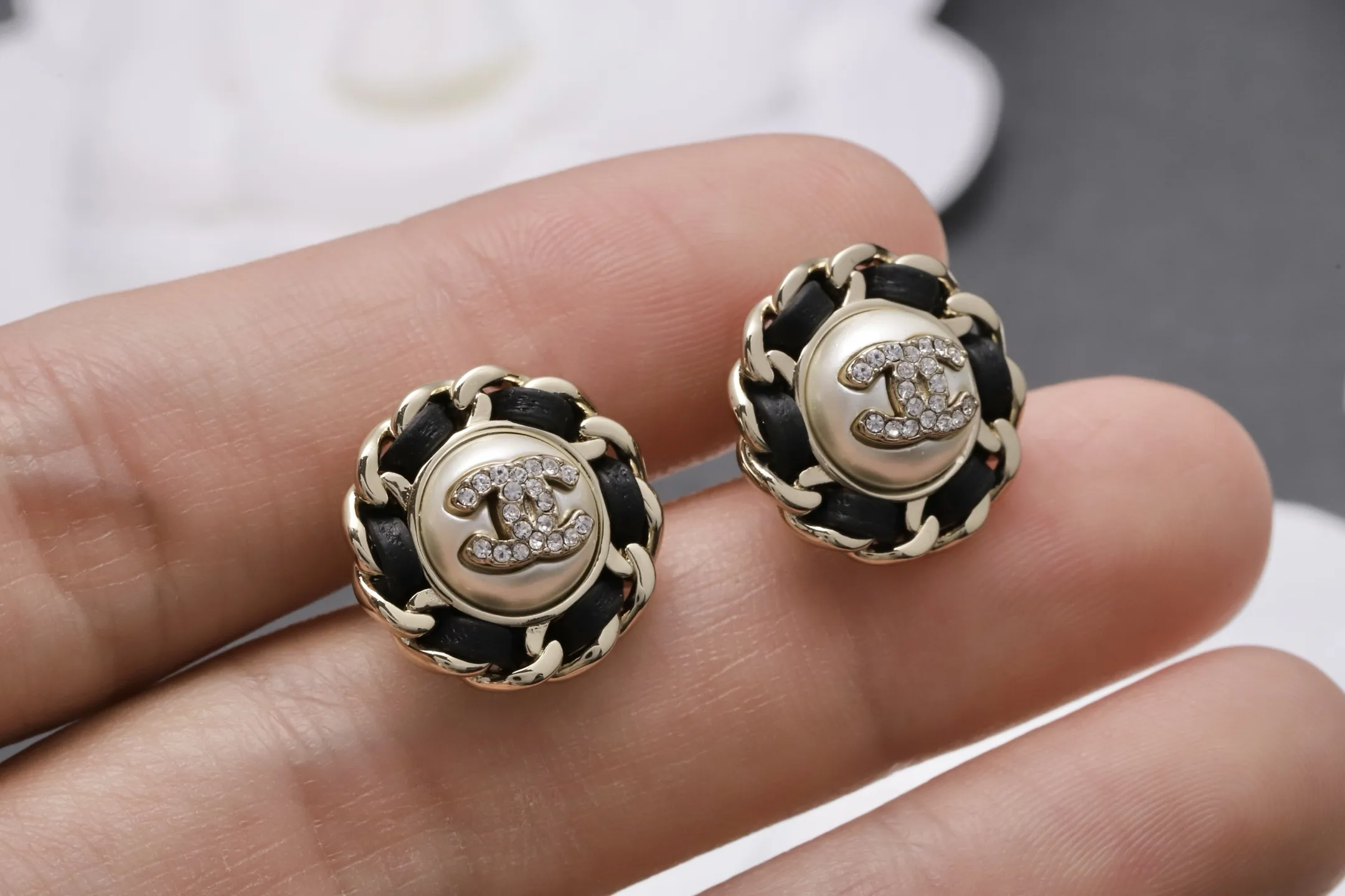 Interwoven Leather and Pearl CC Stud Earrings D14517245 — view 5