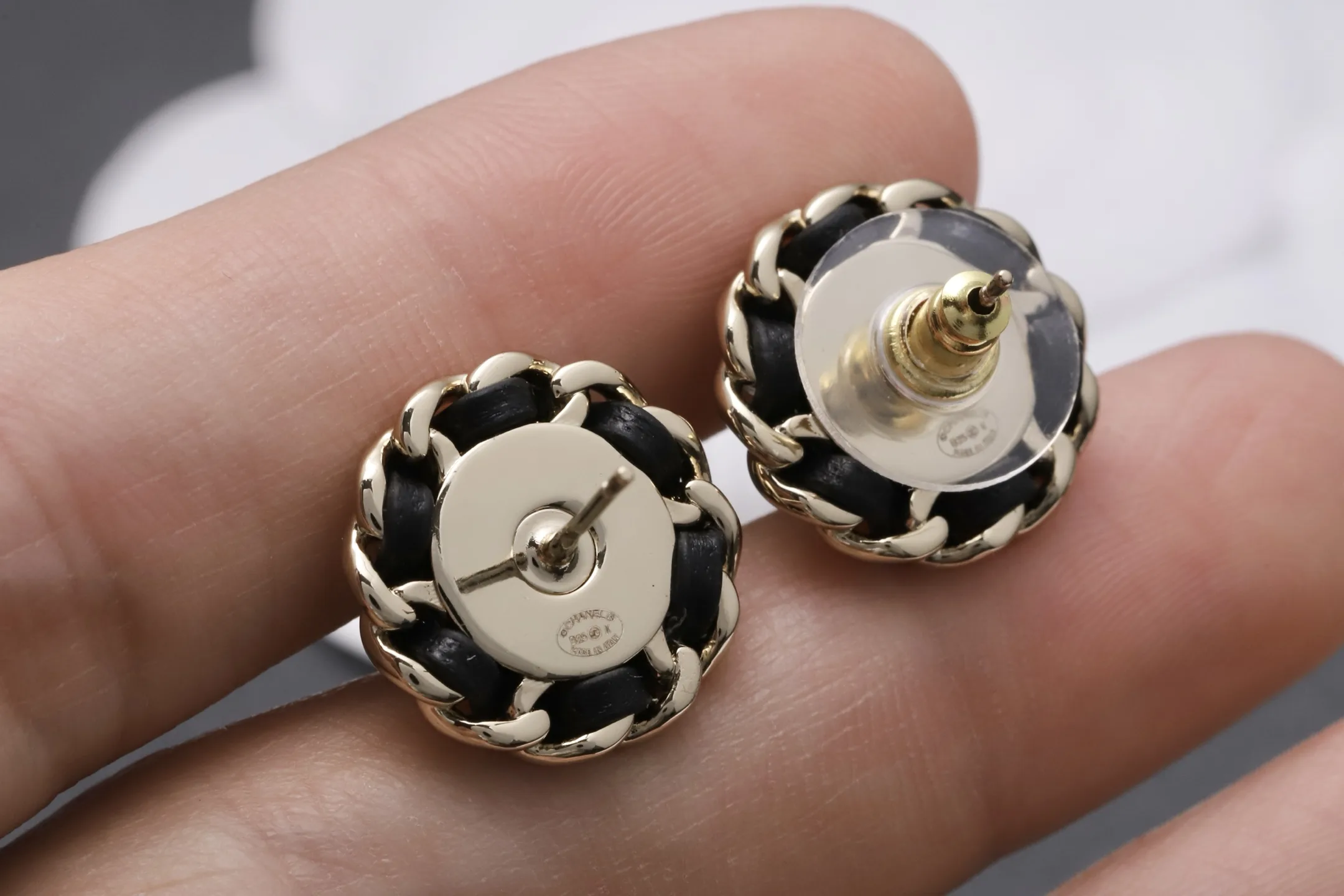 Interwoven Leather and Pearl CC Stud Earrings D14517245 — view 6