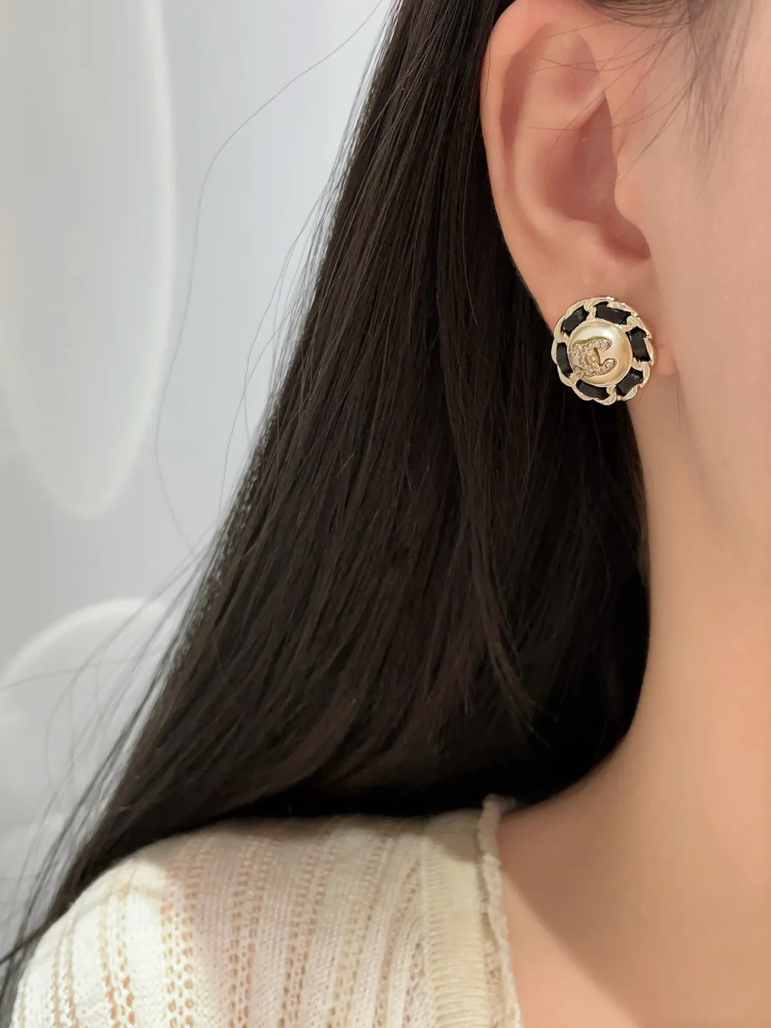 Interwoven Leather and Pearl CC Stud Earrings D14517245 — view 7