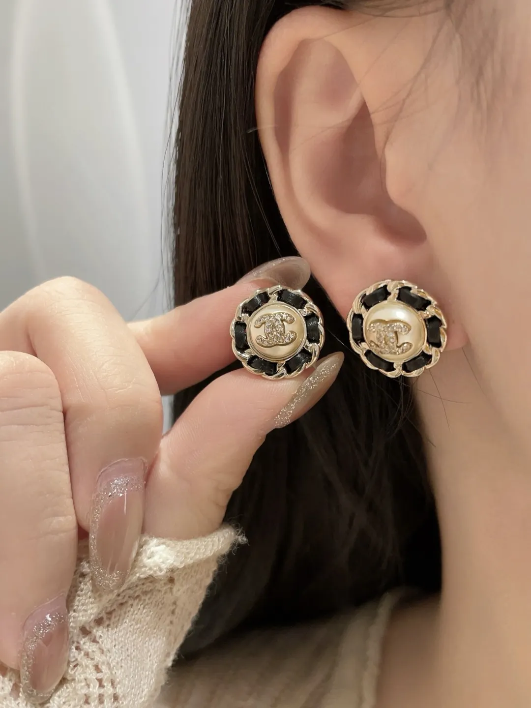 Interwoven Leather and Pearl CC Stud Earrings D14517245 — view 8