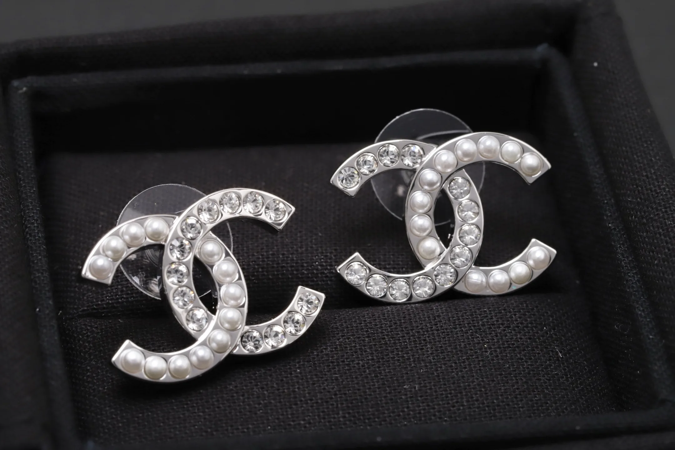 Double C Crystal and Faux Pearl Stud Earrings D14017345 — view 3