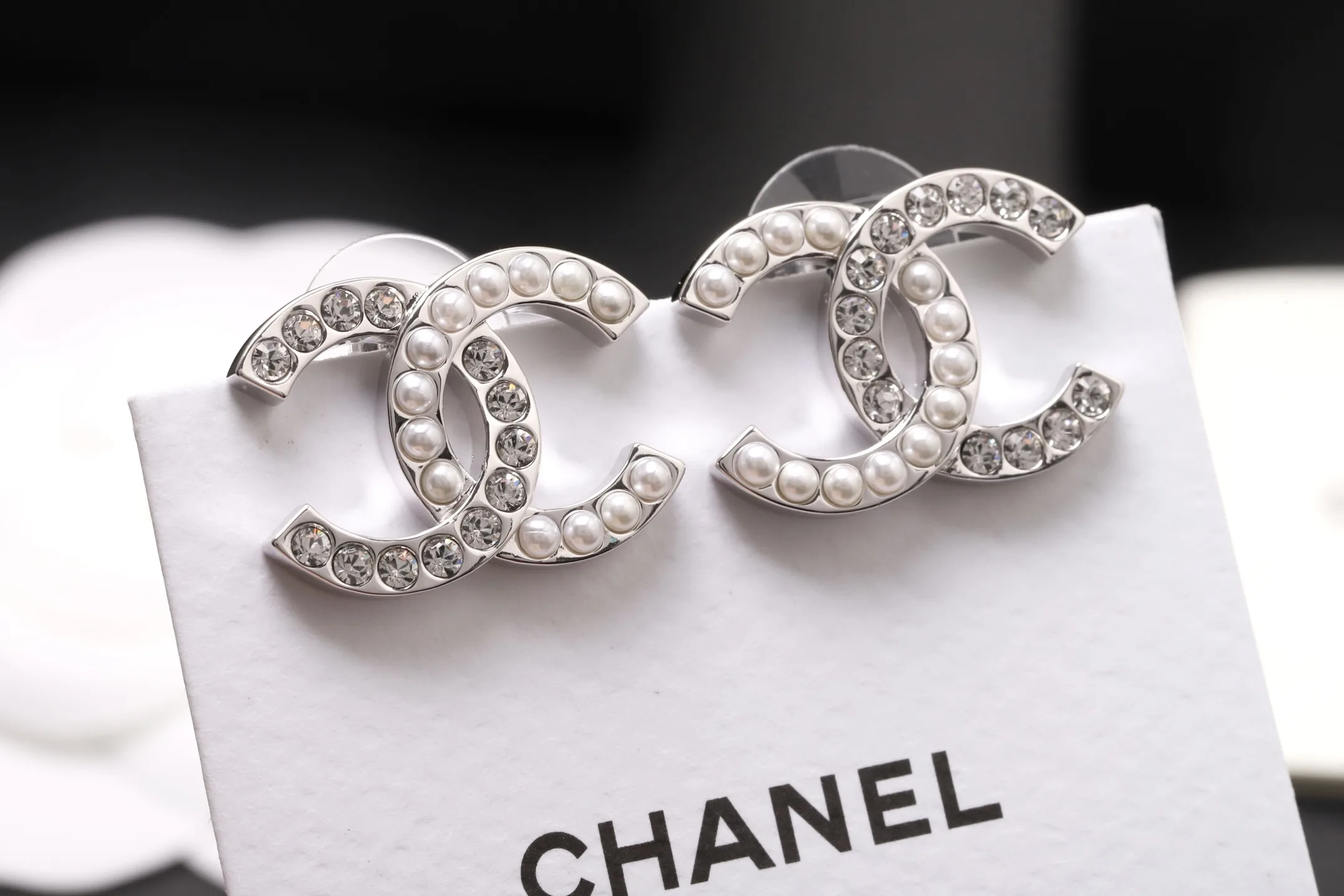 Double C Crystal and Faux Pearl Stud Earrings D14017345 — view 4