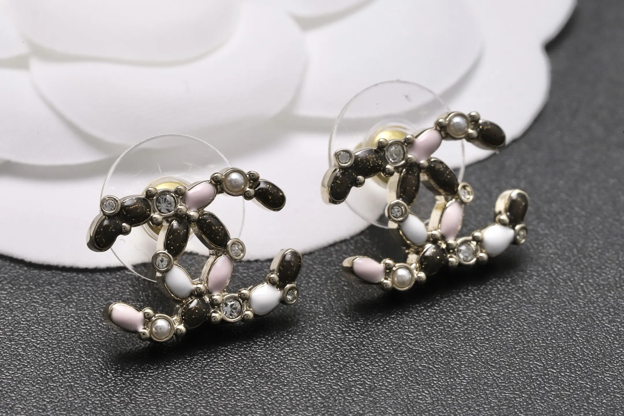 Enamel and Crystal Double C Stud Earrings D13517093 — view 3