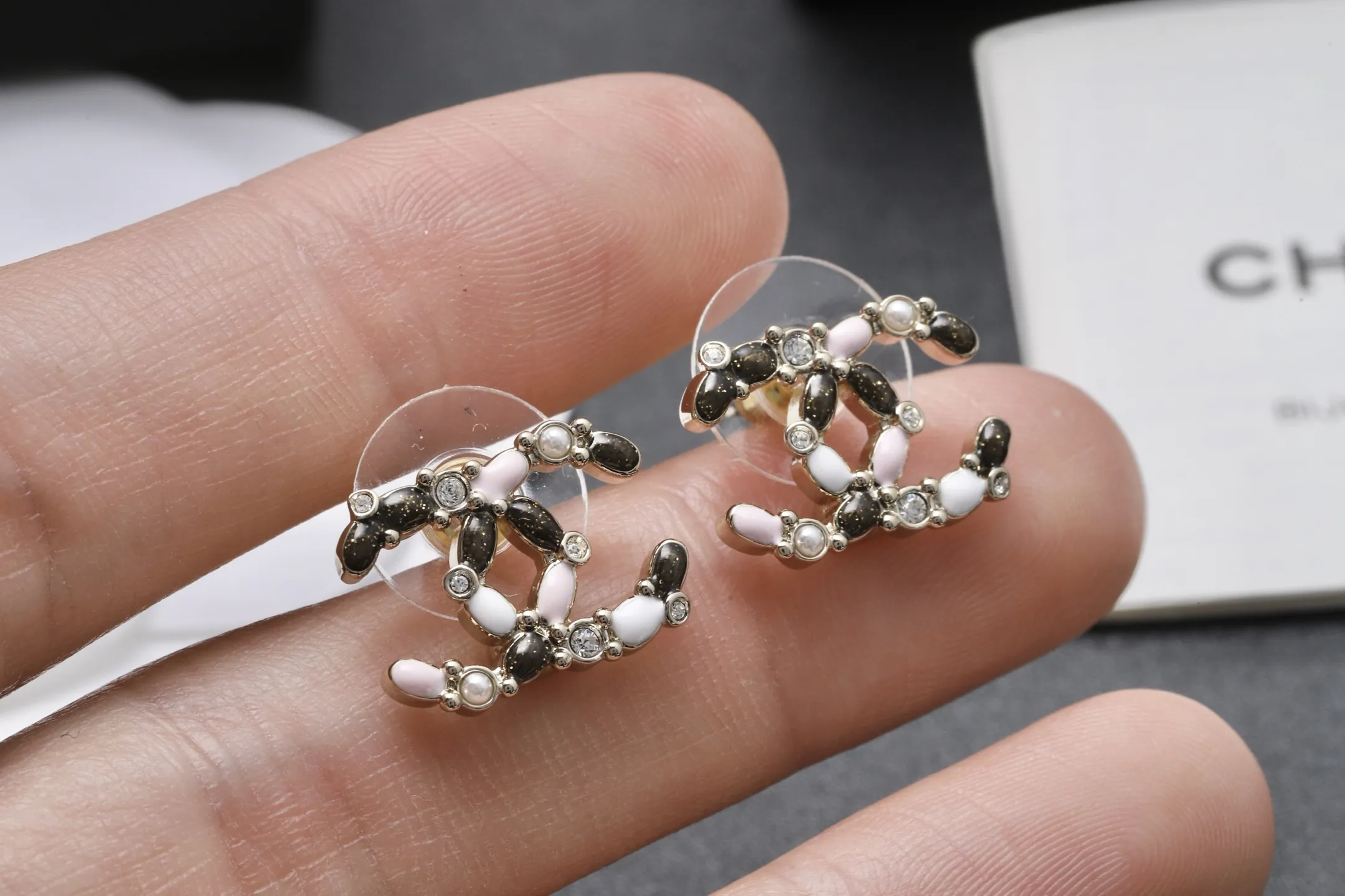 Enamel and Crystal Double C Stud Earrings D13517093 — view 5