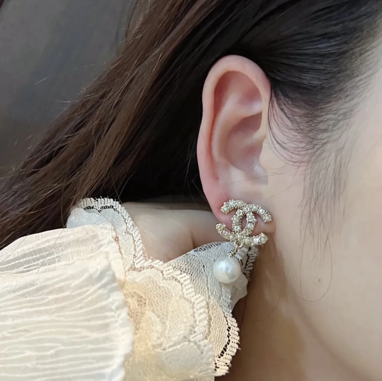 Double C Crystal and Faux Pearl Drop Earrings D14017085 — view 8