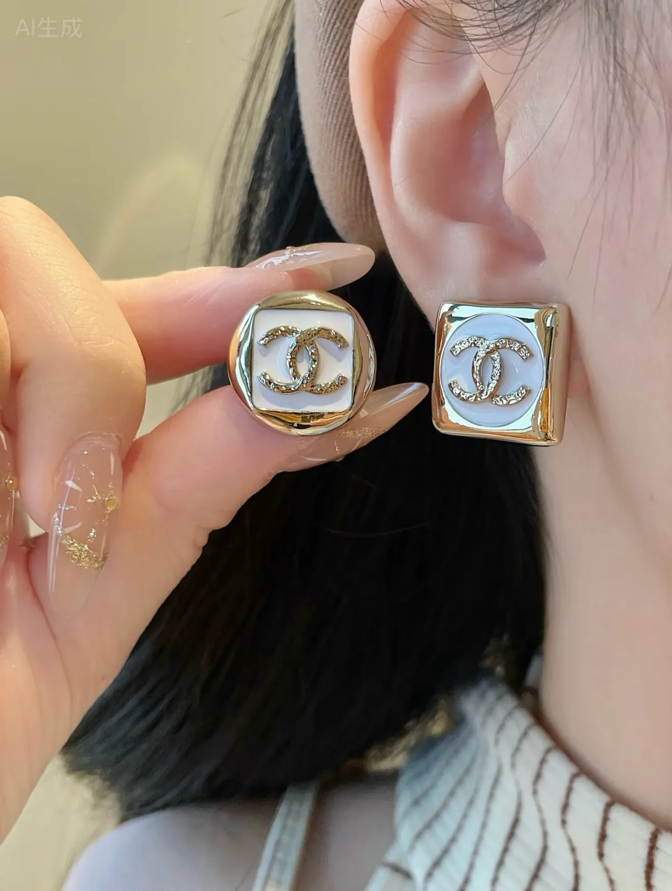 Asymmetric Enamel Double C Stud Earrings D14017192 — view 9