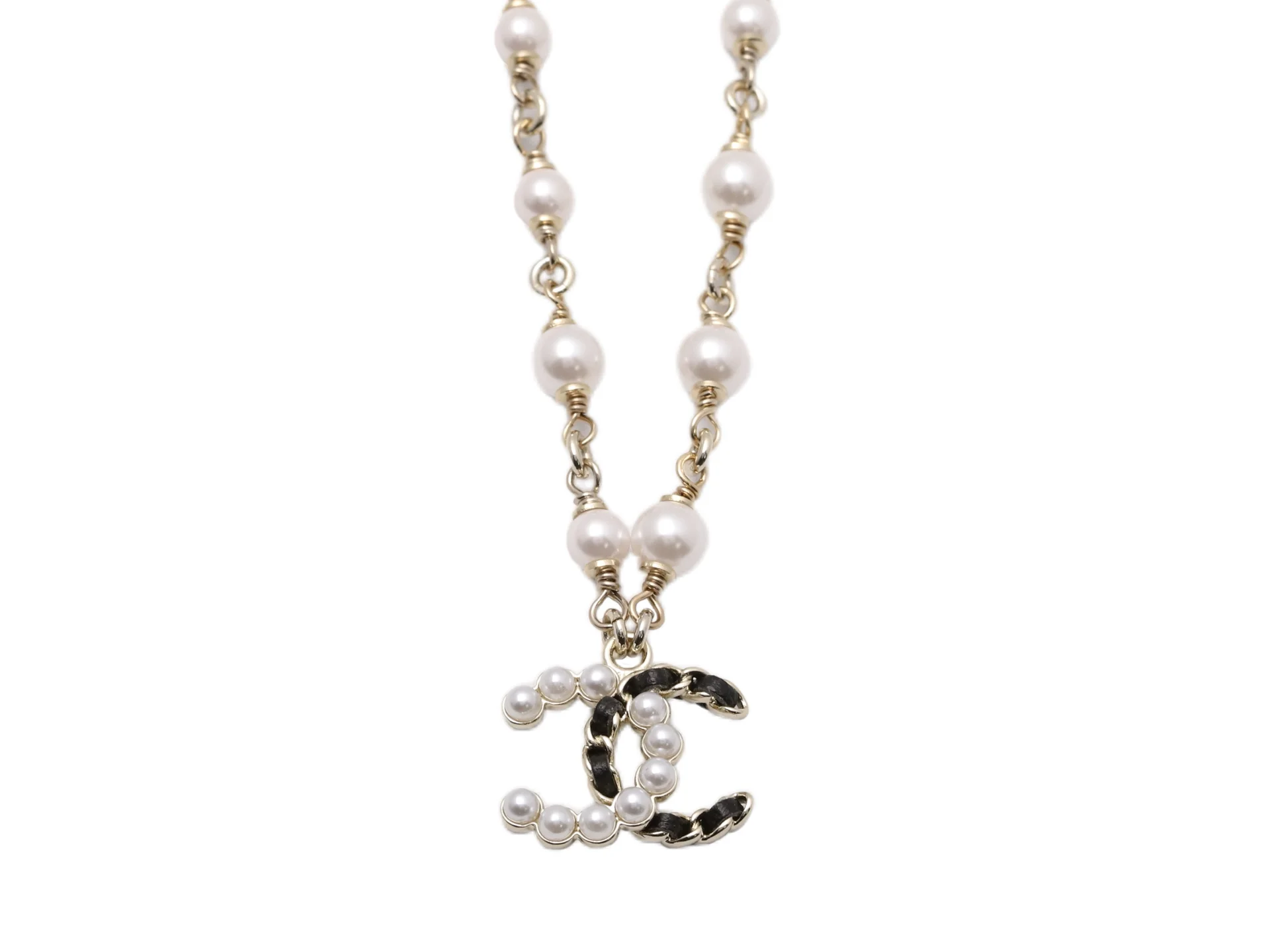 Double C Faux Pearl and Leather Chain Necklace D16016659
