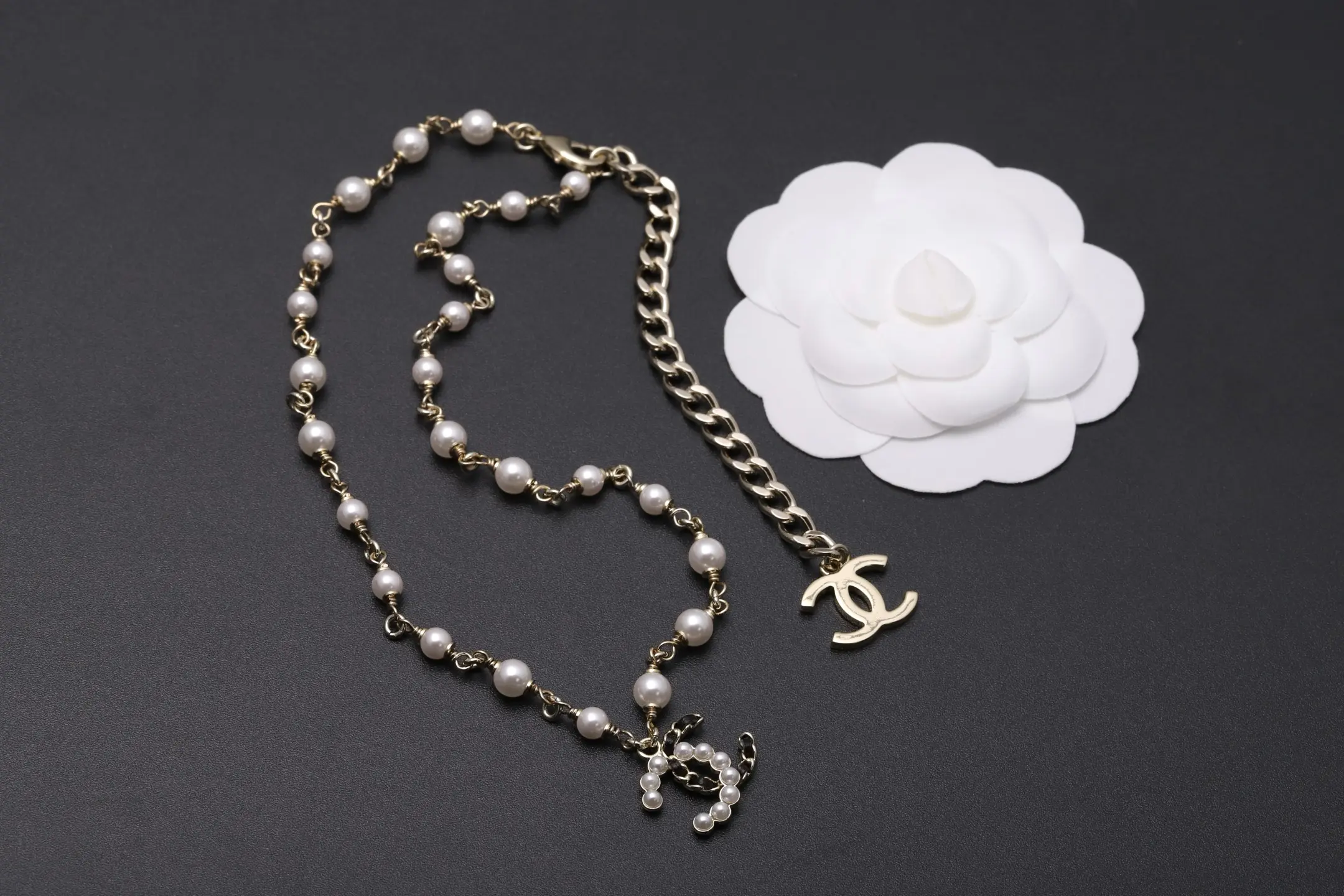 Double C Faux Pearl and Leather Chain Necklace D16016659 — view 3