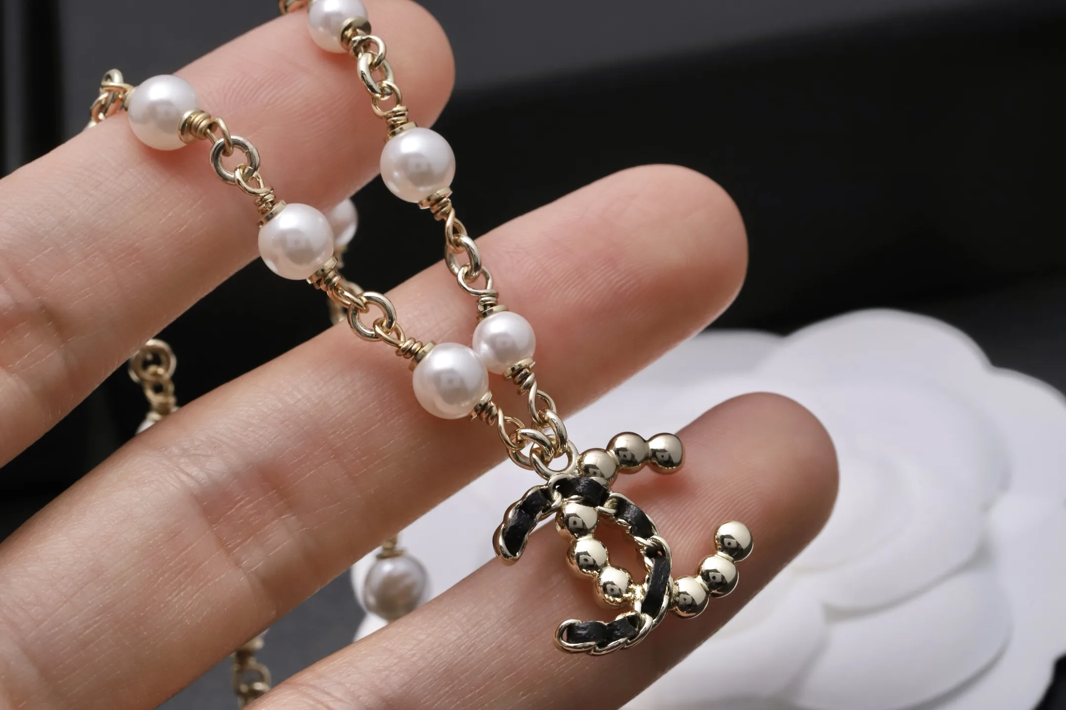 Double C Faux Pearl and Leather Chain Necklace D16016659 — view 5