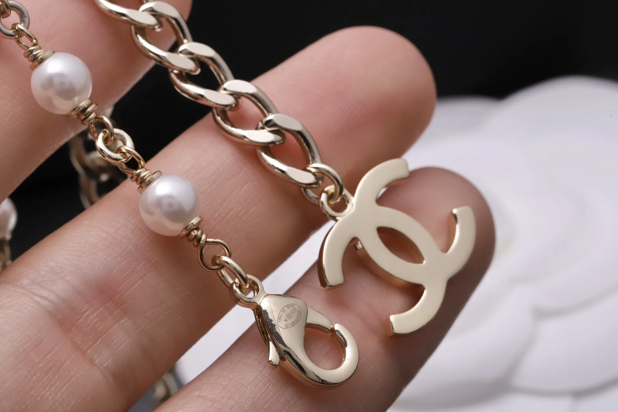 Double C Faux Pearl and Leather Chain Necklace D16016659 — view 6